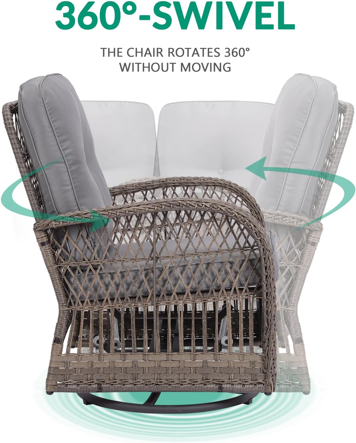 VIVIJASON 5-Piece Outdoor Patio Wicker Conversation Sets, All Weather Outdoor Rattan Furniture Set Includes Glider Loveseat, 2 Coffee Table, 2 Swivel-Gliders Chairs with Cushions, Grey