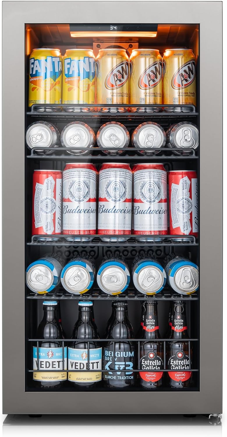 Ca'Lefort 105 Cans Beverage Cooler Mini Fridge, Beverage Refrigerator with Reversible Glass Door, Adjustable Shelves for Soda, Beer & Wine, Digital Temperature Control for Home, Office, Bar or Dorm