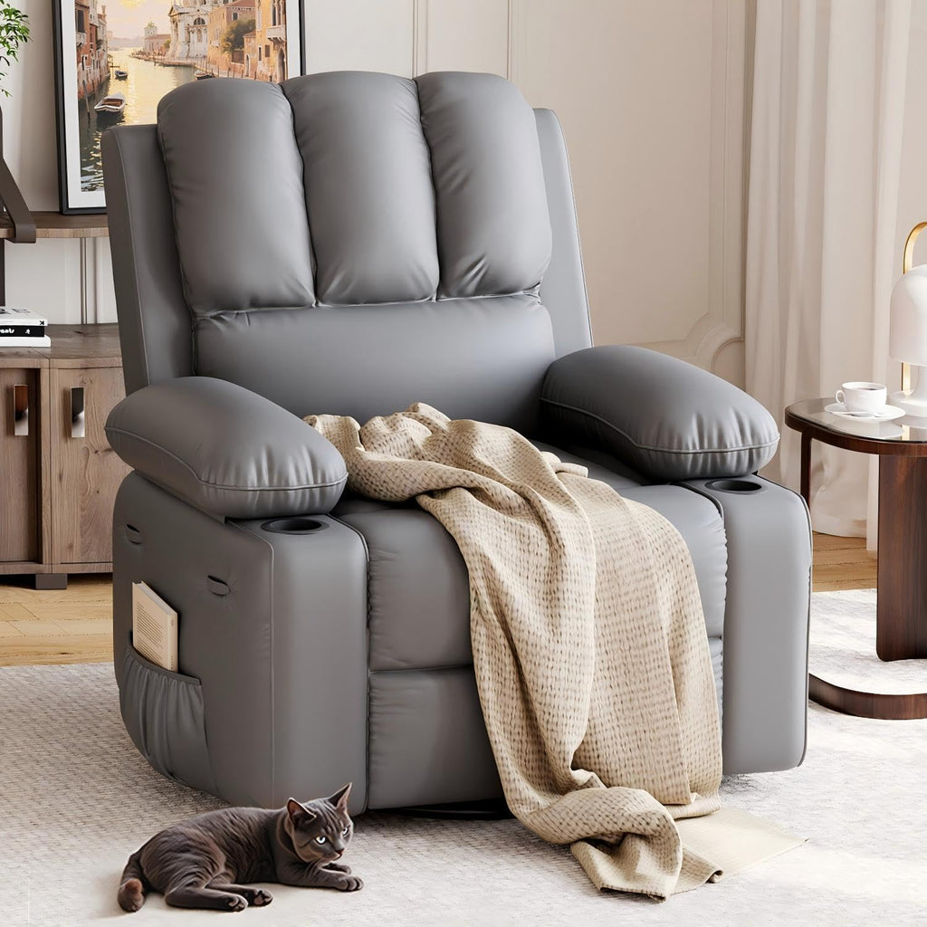 GarveeHome Recliner Chair, 360° Swivel Rocker Recliners with Heat & Massage, Soft Lazy Boy Recliner Chair with 2 Cup Holders and Side Pocket for Living Room Bedrooms and Nurseries -Grey