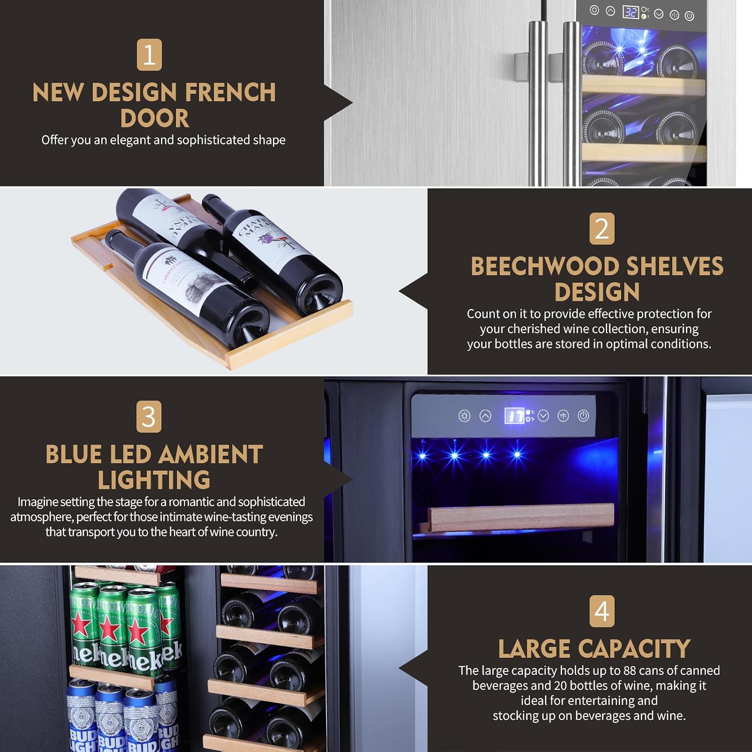 ORYMUSE Wine and Beverage Refrigerator Dual Zone, 24' Undercounter Beverage Fridge for Soda, Water and Beer, Built-in/Freestanding, Holds 20 Bottles & 88 Cans, Stainless Steel