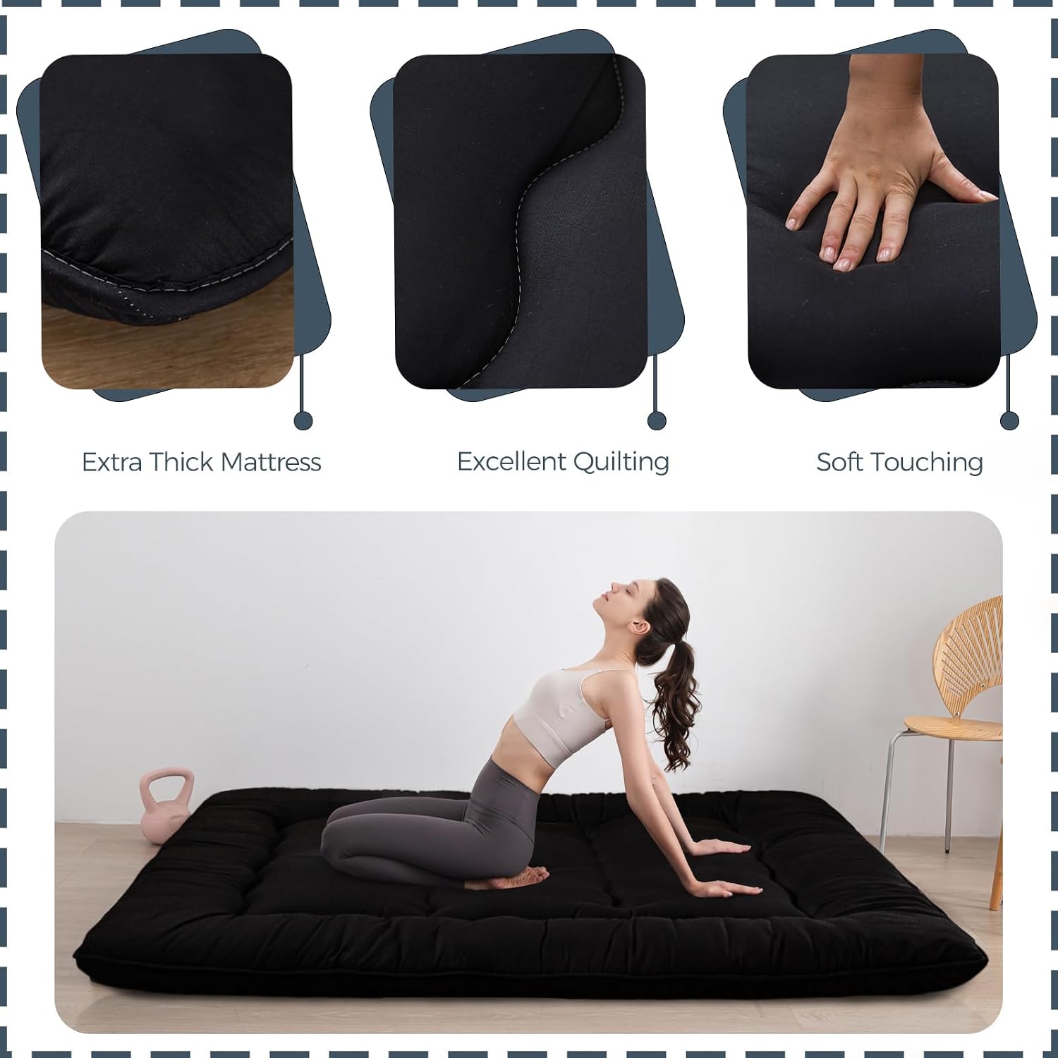 MAXYOYO 6' Extra Thick Japanese Floor Mattress Futon Mattress, Foldable Tatami Pad for Adults, Roll Up Floor Mat for Living Room Guest Room RV, Black, Queen