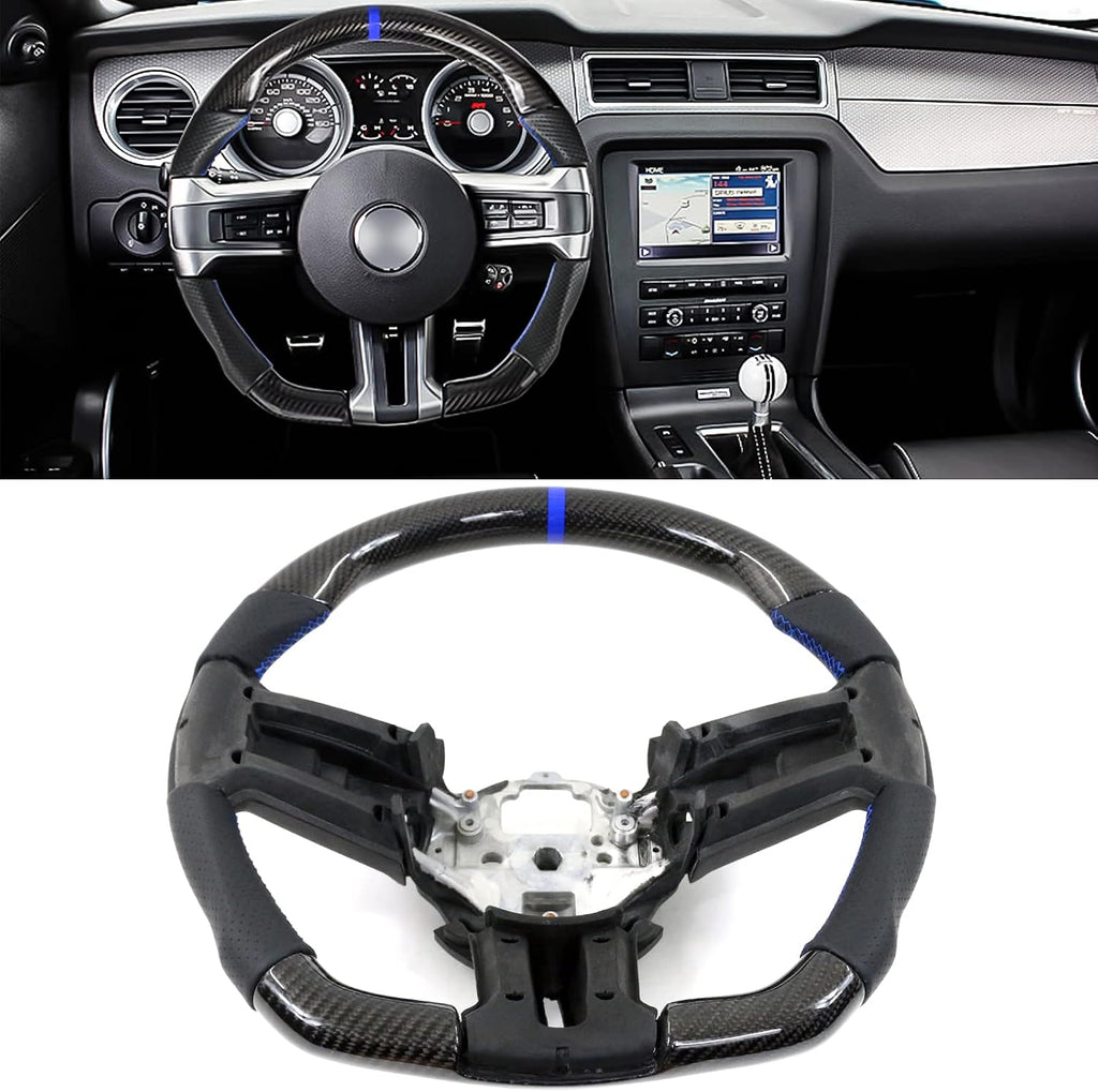 IKON MOTORSPORTS, Steering Wheel Compatible with 2010-2014 Ford Mustang, Steering Wheel Bodykit Replacement Carbon Fiber & Leather Blue Stitch & Indicator, 2011 2012 2013