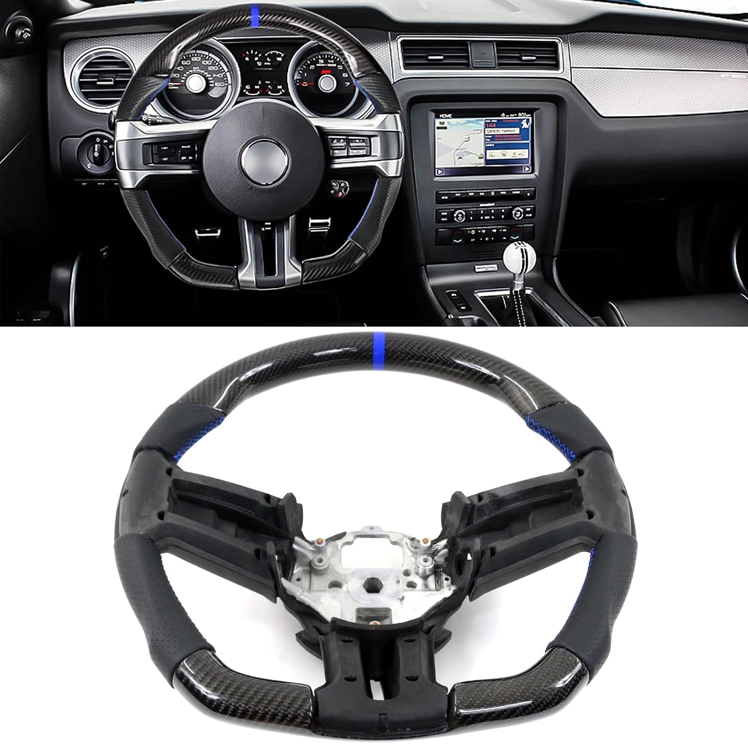 IKON MOTORSPORTS, Steering Wheel Compatible with 2010-2014 Ford Mustang, Steering Wheel Bodykit Replacement Carbon Fiber & Leather Blue Stitch & Indicator, 2011 2012 2013