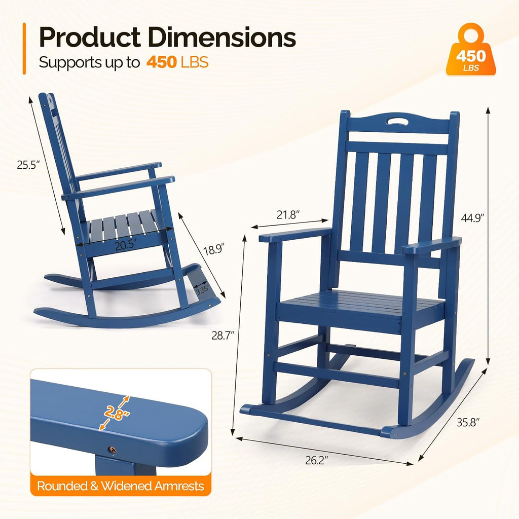 VINGLI Outdoor Rocking Chair with Footrest, Wooden Rocking Chair with 450 LBS Weight Capacity, Patio Rocker with Comfortable Backrest for Garden, Yard (Navy Blue, 2PCS)