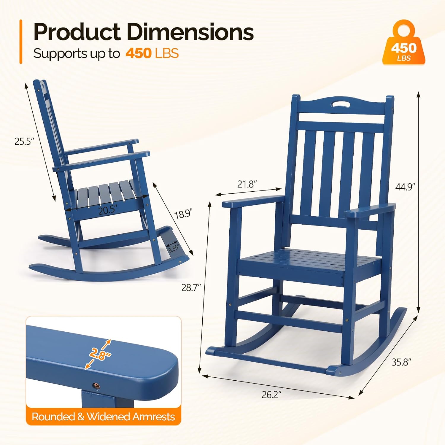 VINGLI Outdoor Rocking Chair with Footrest, Wooden Rocking Chair with 450 LBS Weight Capacity, Patio Rocker with Comfortable Backrest for Garden, Yard (Navy Blue, 2PCS)