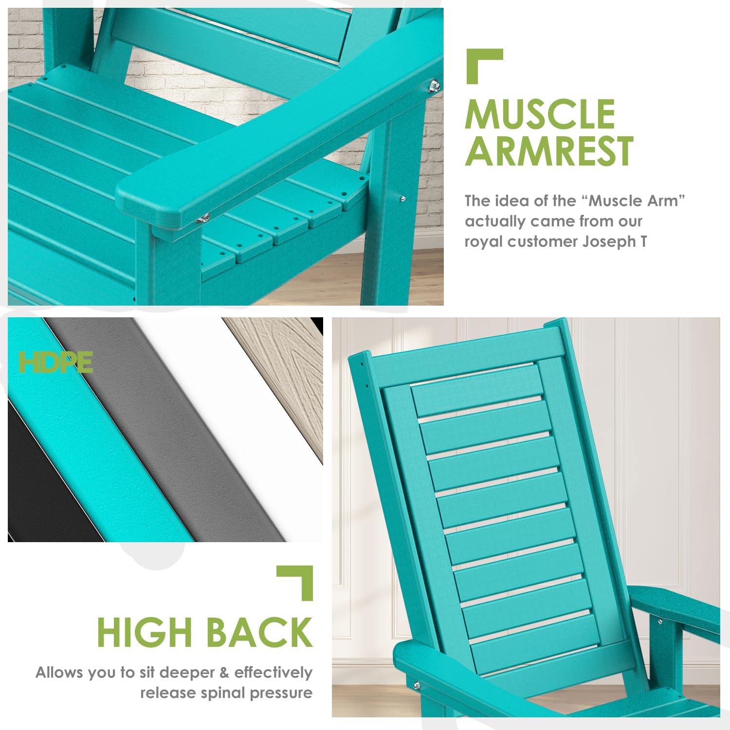GREENVINES Outdoor Rocking Chair Set | 3-Piece | 2 Rocking Chairs with 1 Side Table | Porch Rocker | HDPE Plastic | Aqua | Patio Furniture Sets | High Back | Big & Tall | Ladder Back