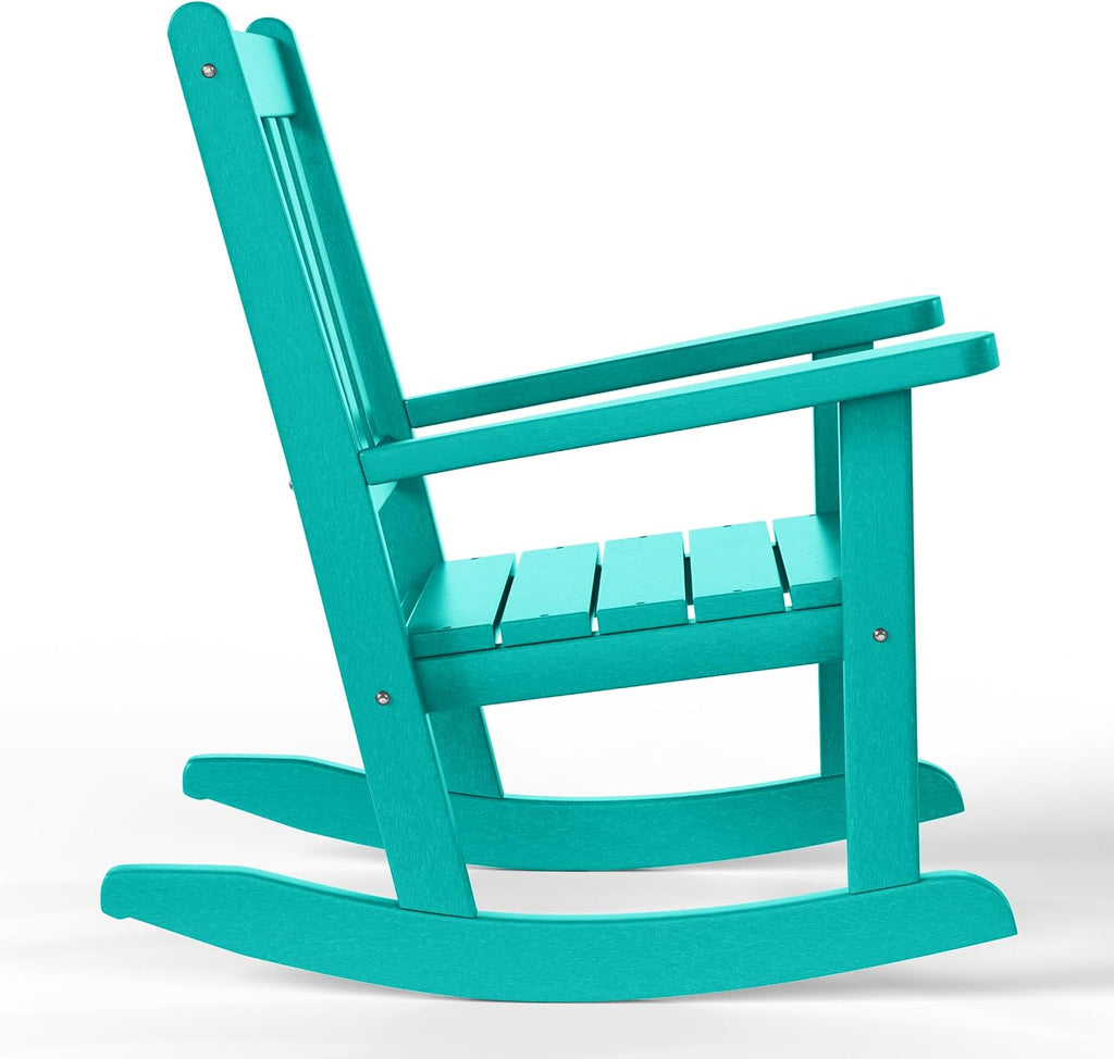 WestinTrends Malibu 3-Piece Kids Outdoor Rocking Chairs Set with Kids Square Side Table, Turquoise