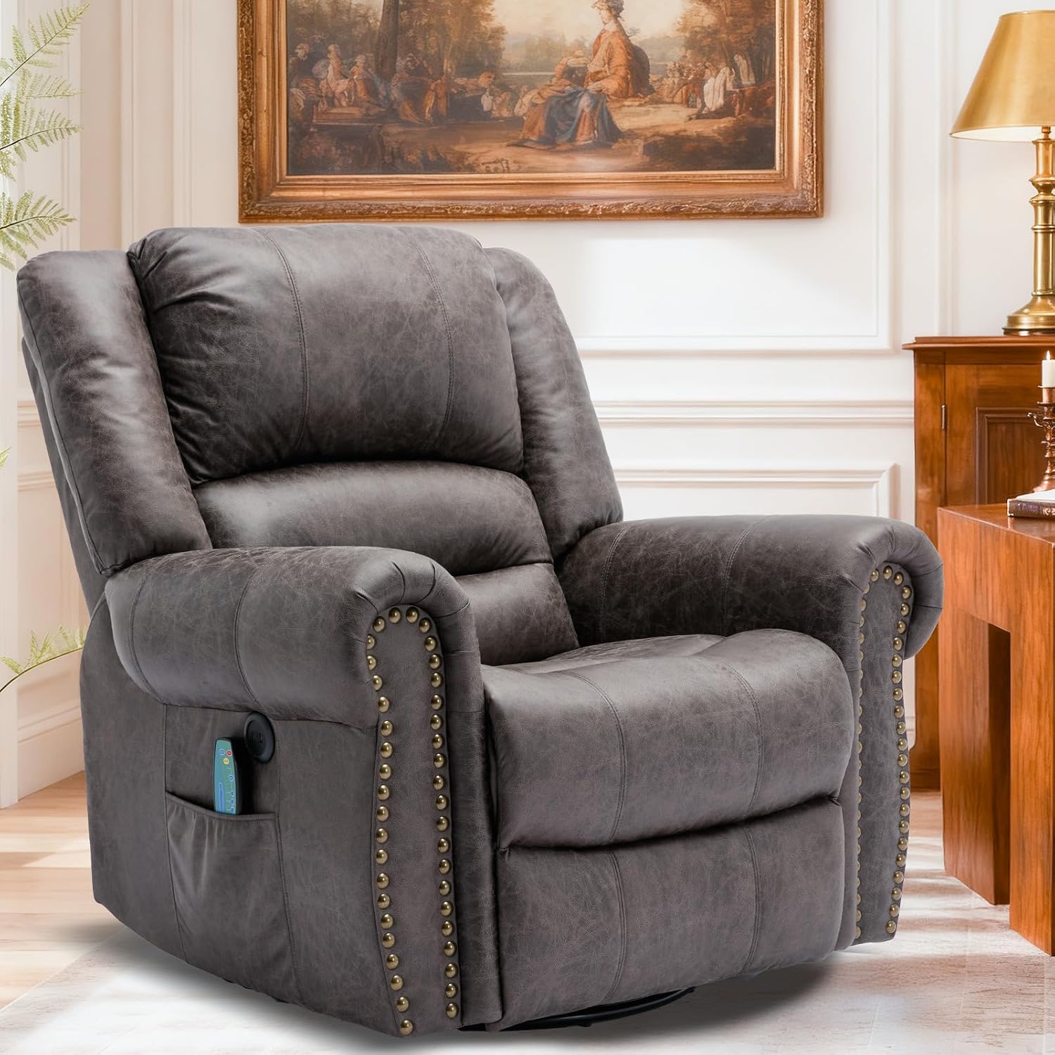 Manual Massage Swivel Rocker Recliner with Heat and Vibration, 360° Swivel Glider Rocking Recliner Chair, Classic Living Room Lounge Recliners with Side Pockets & USB Ports, Grey