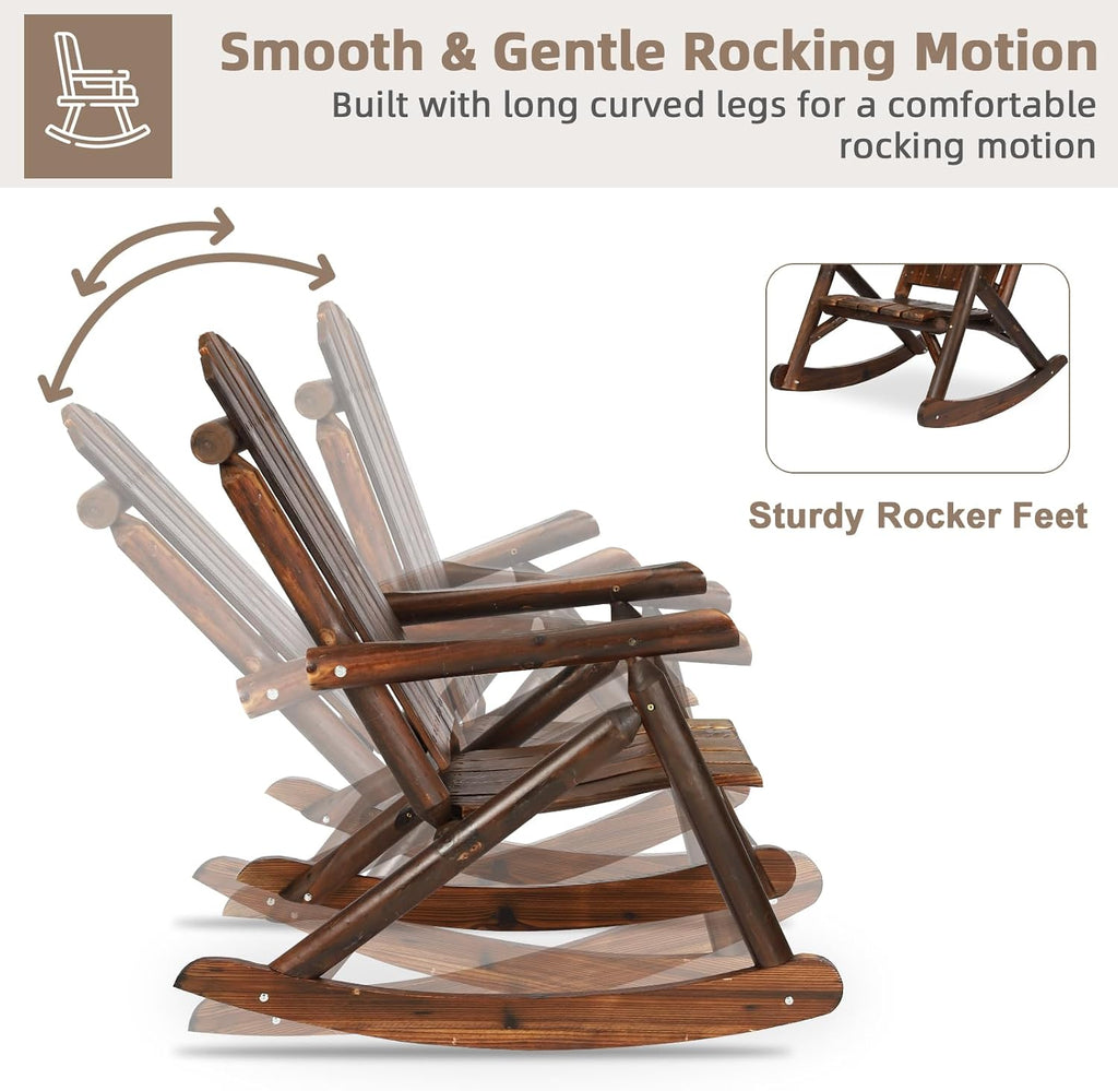 3-Piece Outdoor Wood Rocking Bistro Set, Rustic Adirondack Rocker Chair Set with High Back & Slatted Seat and Side Table, Patio Wooden Conversation Set for Indoor Deck Garden Porch, Carbonized