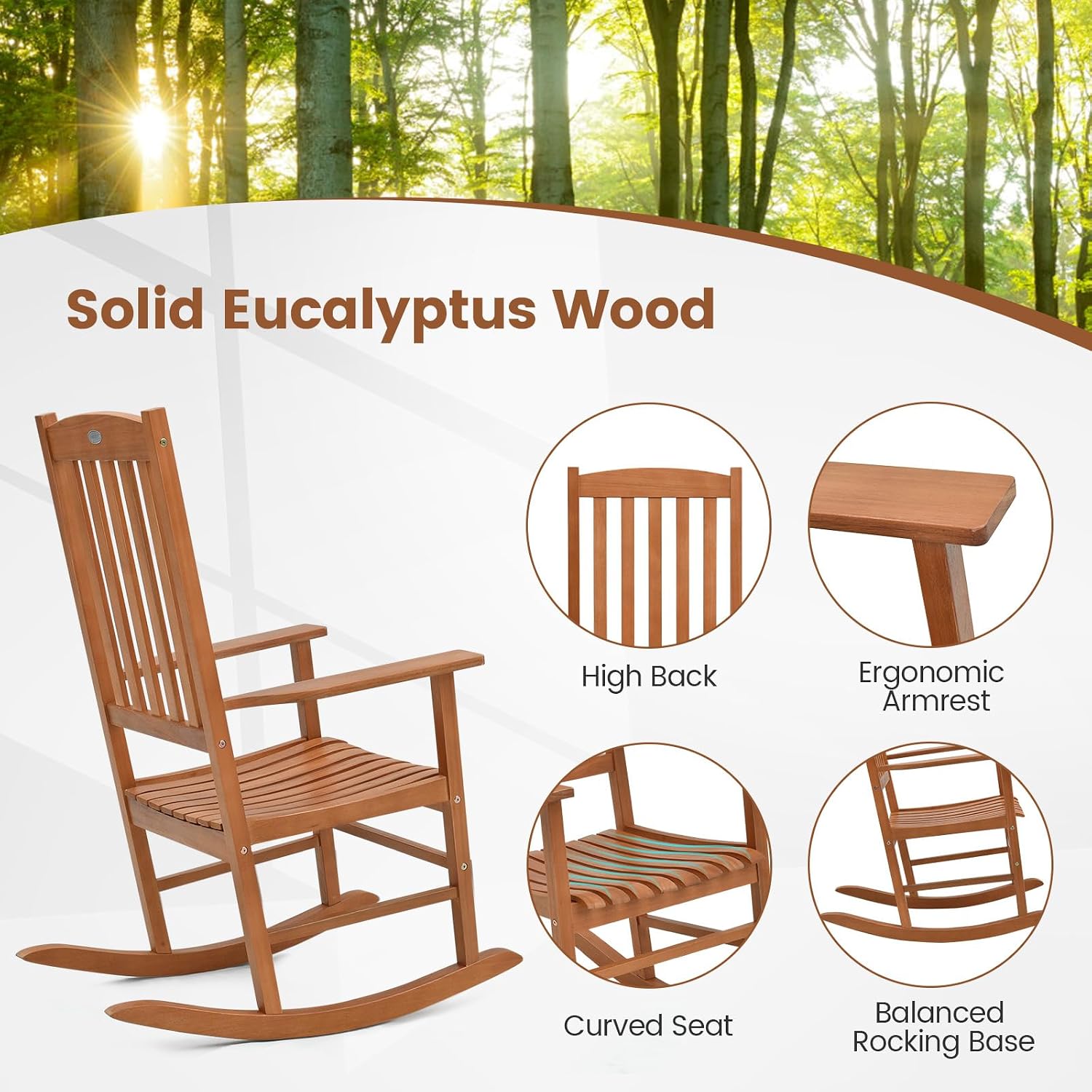 Tangkula Patio Rocking Chair with 400 lbs Weight Capacity, Eucalyptus Wood Porch Rocker with High Back, Patio Rocker Chair for Indoor and Outdoor Use (1)