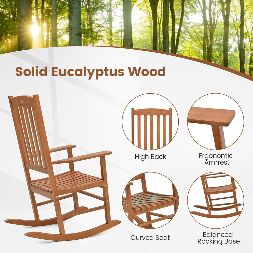 Tangkula Patio Rocking Chair with 400 lbs Weight Capacity, Eucalyptus Wood Porch Rocker with High Back, Patio Rocker Chair for Indoor and Outdoor Use (2)
