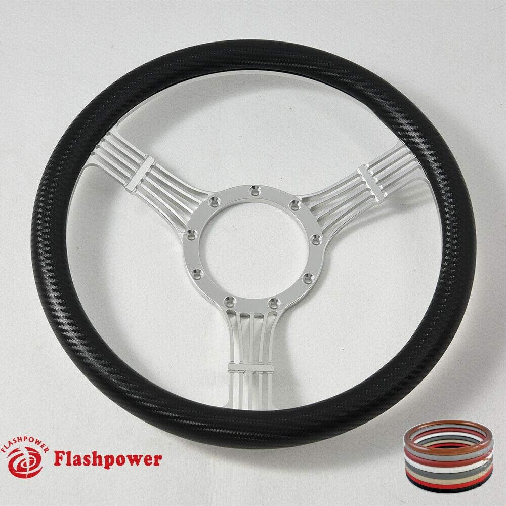 14'' Bonjo Billet Half Wrap 9 Bolts Steering Wheel with 2'' Dish and Horn Button(Carbon Vinyl)