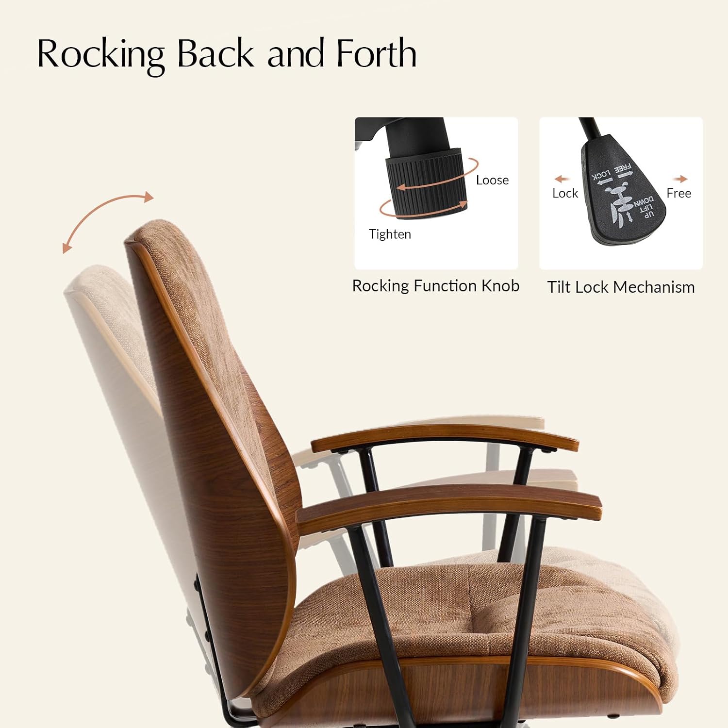 HULALA HOME Solid Wood Office Chair with Rocking Function, Comfy Fabric Desk Chair with Bent Wood and Metal Base, Height Adjustable Swivel Computer Task Chair, Camel