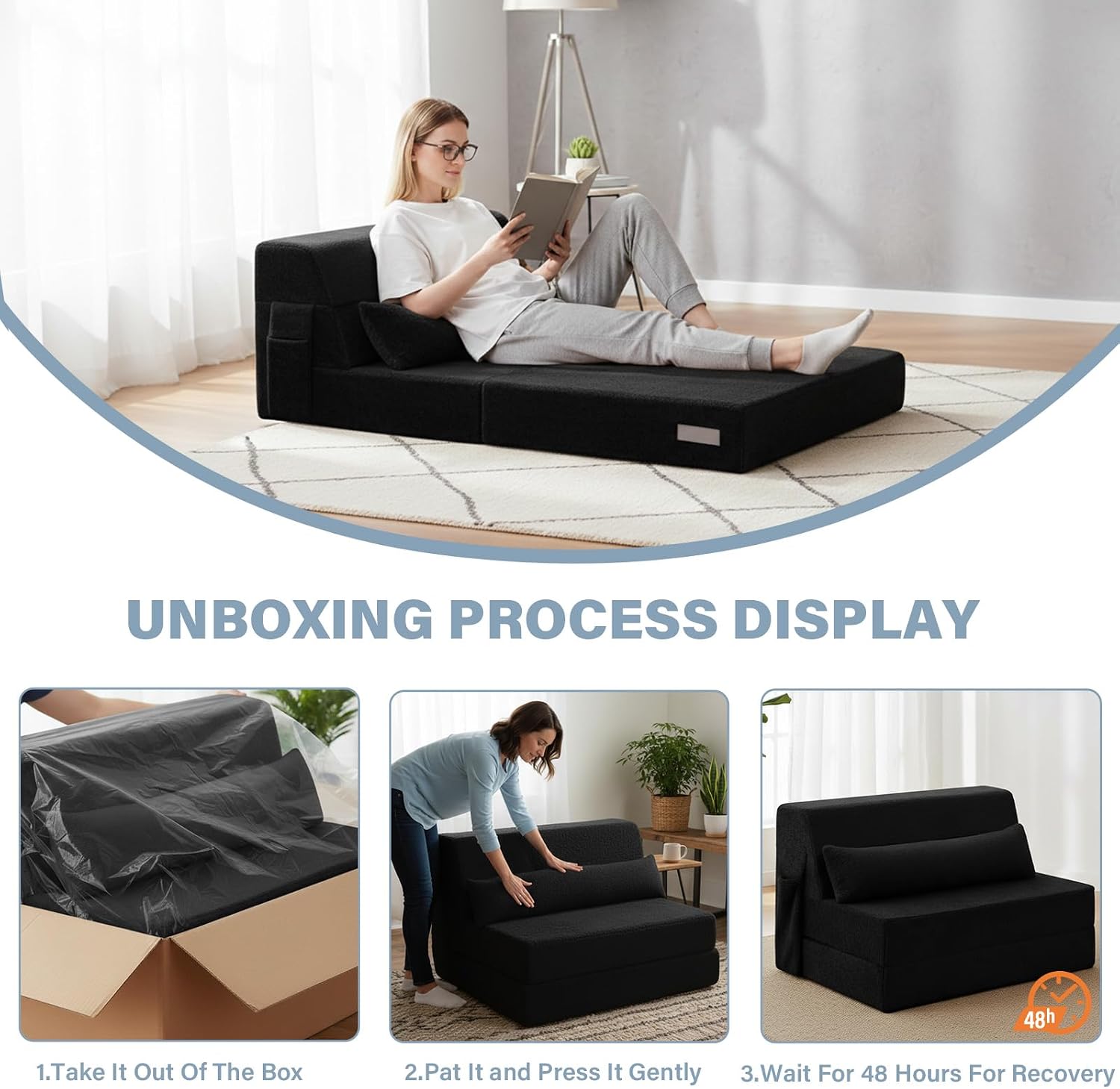 Tiita Convertible Folding Sofa Bed Twin Size for Adults with Pillow, Plush Fabric Floor Mattress Couch Bed, Washable Cover & Side Pocket, Guest Room, Dorm, Apartment, Living Room, Black