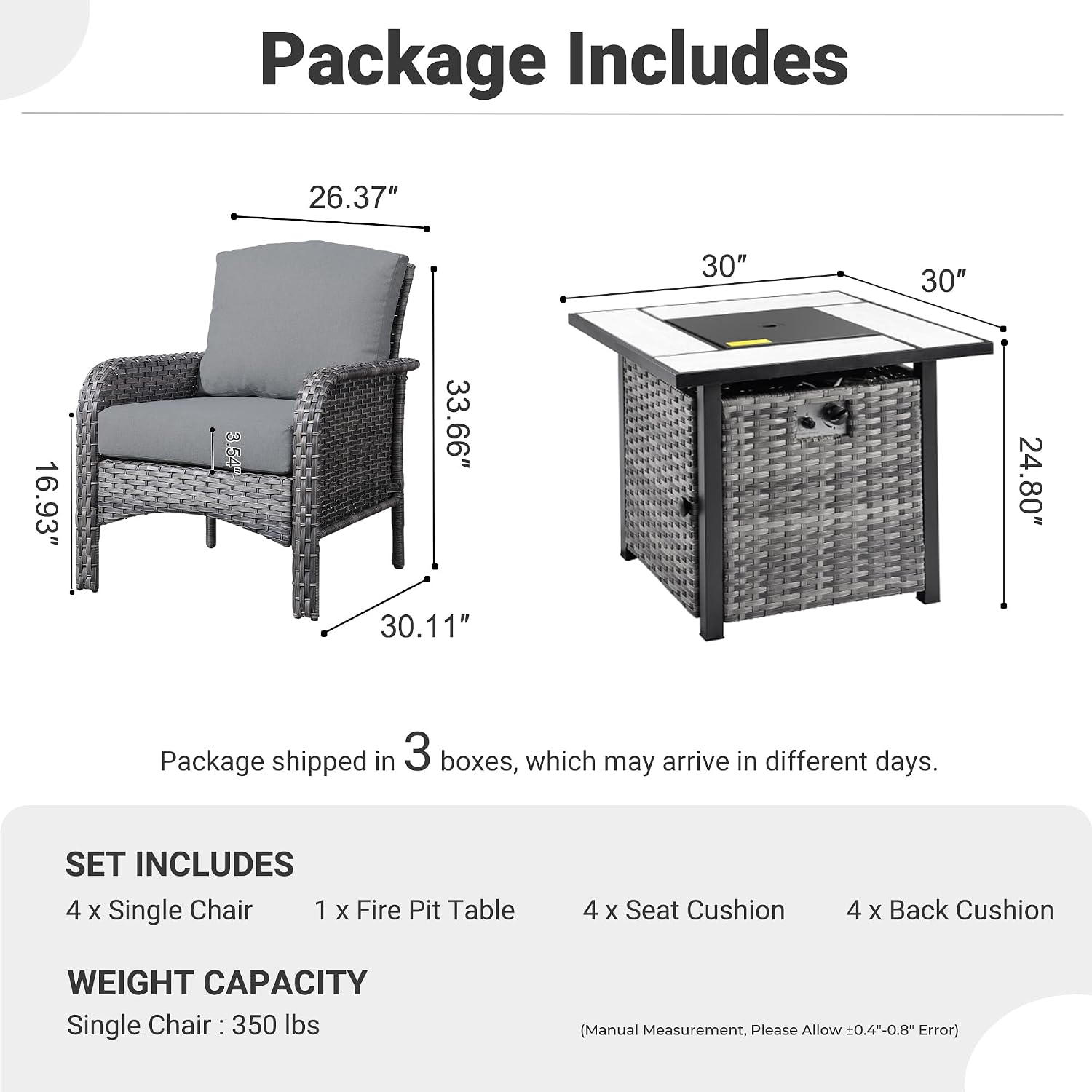 ovios 5-Piece Patio Furniture Set, Outdoor Wicker Sofa with Chairs Fire Pit Table, High Back Rattan Chair with Comfy Cushions for Porch Yard Deck, Dark Grey