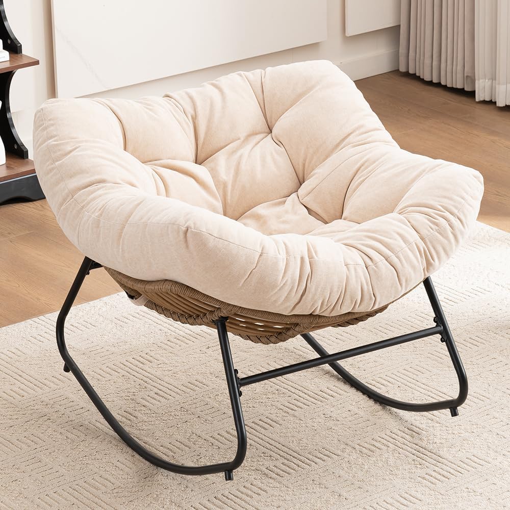 Outdoor Papasan Chair, Oversized Rocking Chair with Cushion and Metal Frame, Patio Lounge Rocking Chair for Balcony Backyard Porch Bedroom Living Room (Beige)