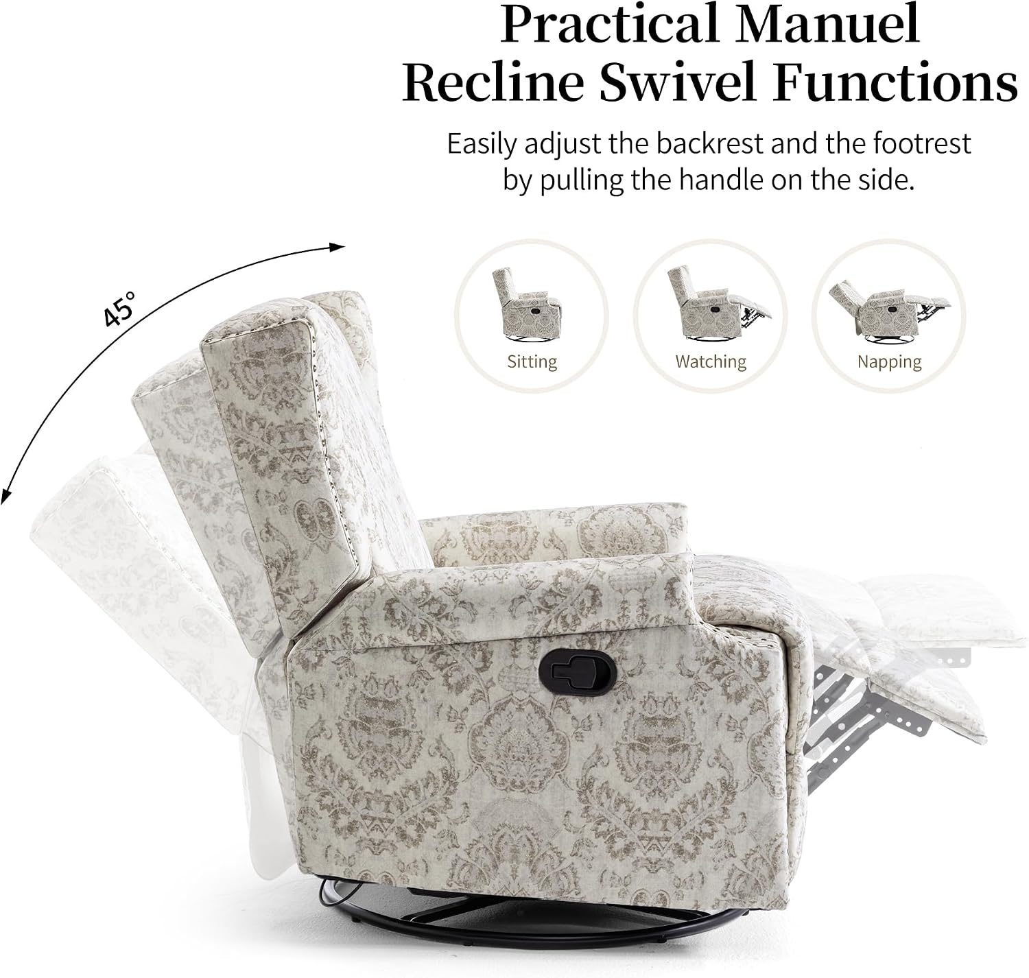 Swivel Rocker Recliner Chair, 360° Swivel Wingback Recliner Chairs for Living Room, Upholstered Printed Fabric Glider Rocking Chair with High Back, Deep Seat forBedroom, Beige