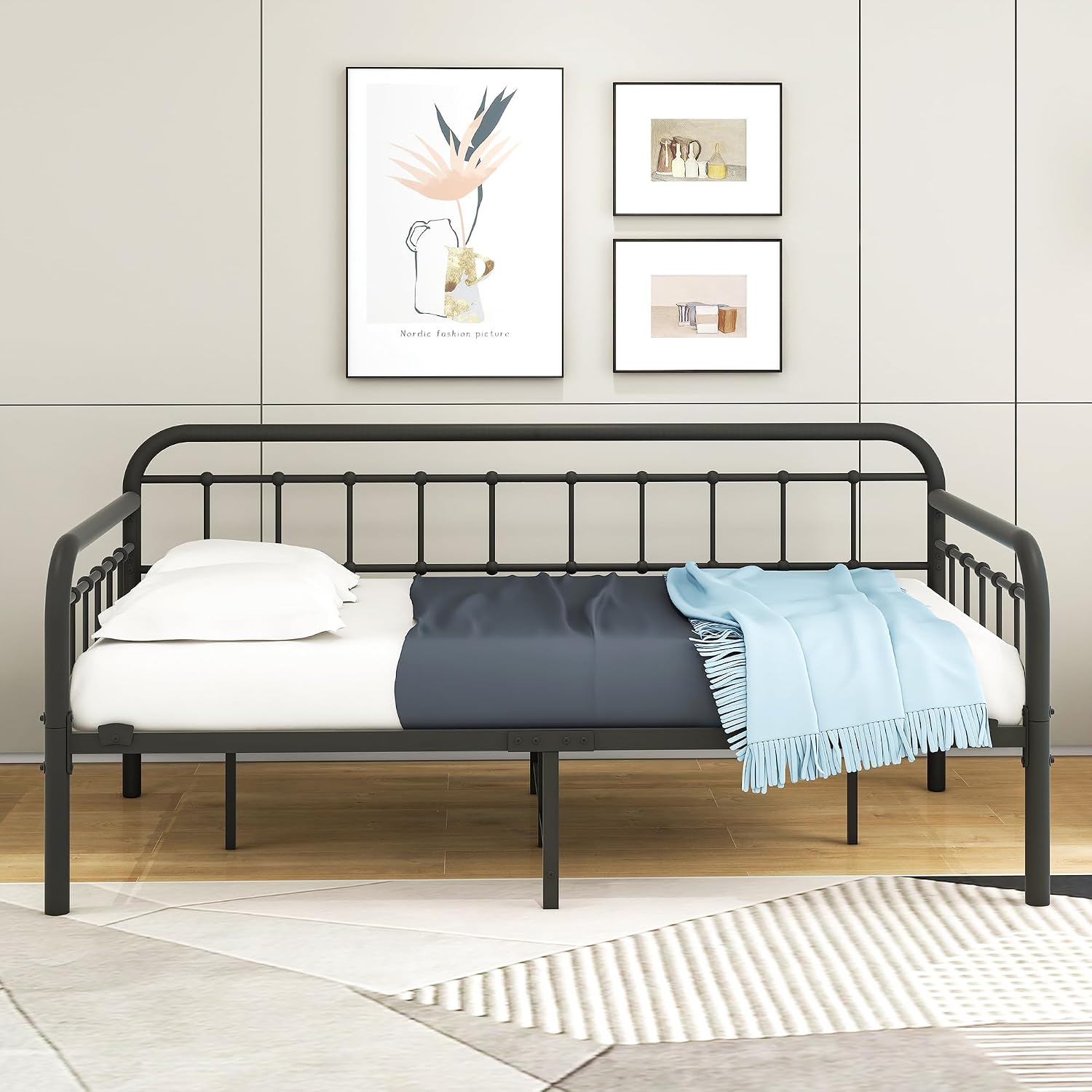 HOMERECOMMEND Metal Daybed Frame Heavy Duty Metal Slats Sofa Bed Platform Mattress Foundation Twin Day Bed Black Sanded Color