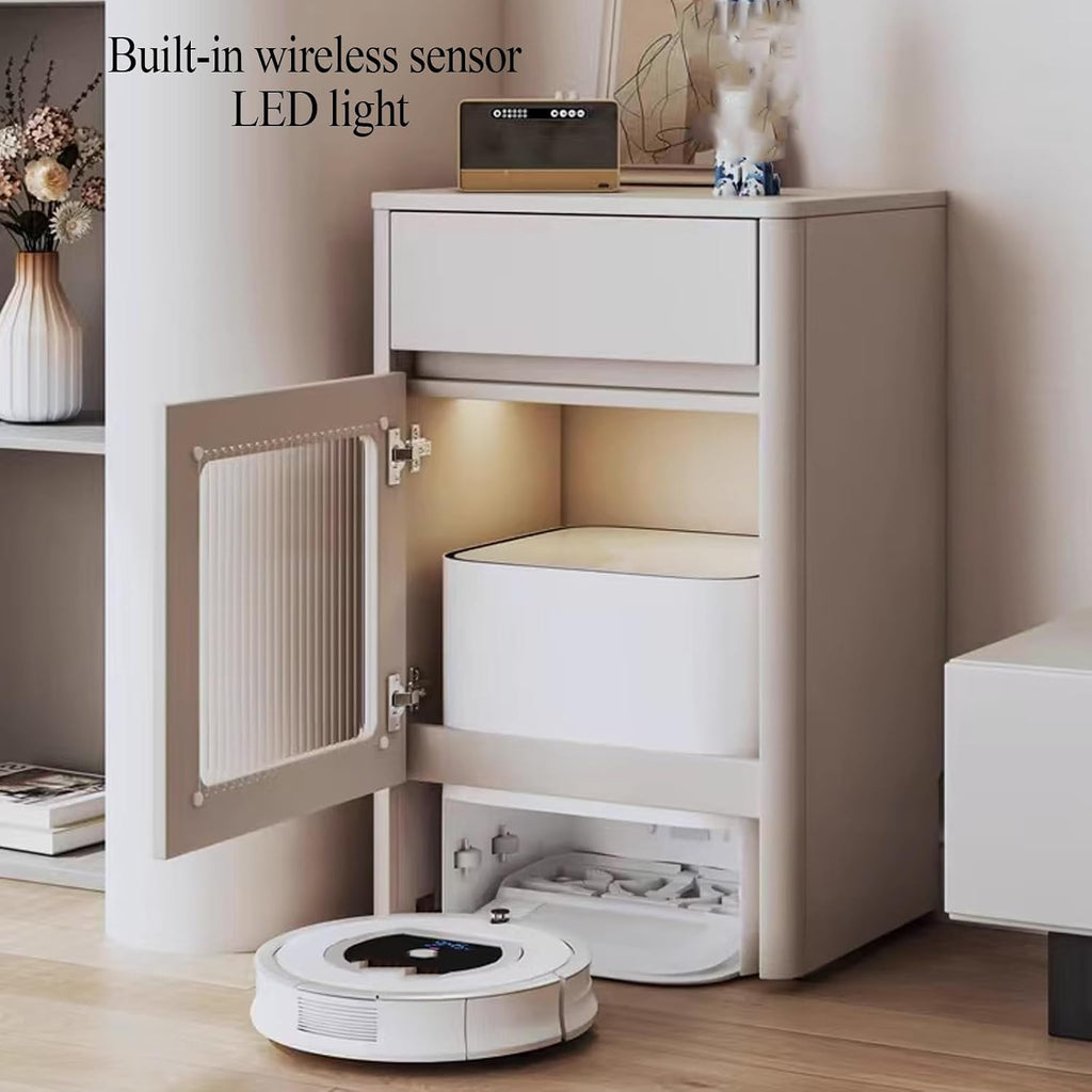 Wood Side Table with Drawer for Self Emptying Robot Vacuum Cleaner, Small Storage Cabinet with Wheels, Home Organizer 2-Door Freestanding Rack Space Saver(Natural)