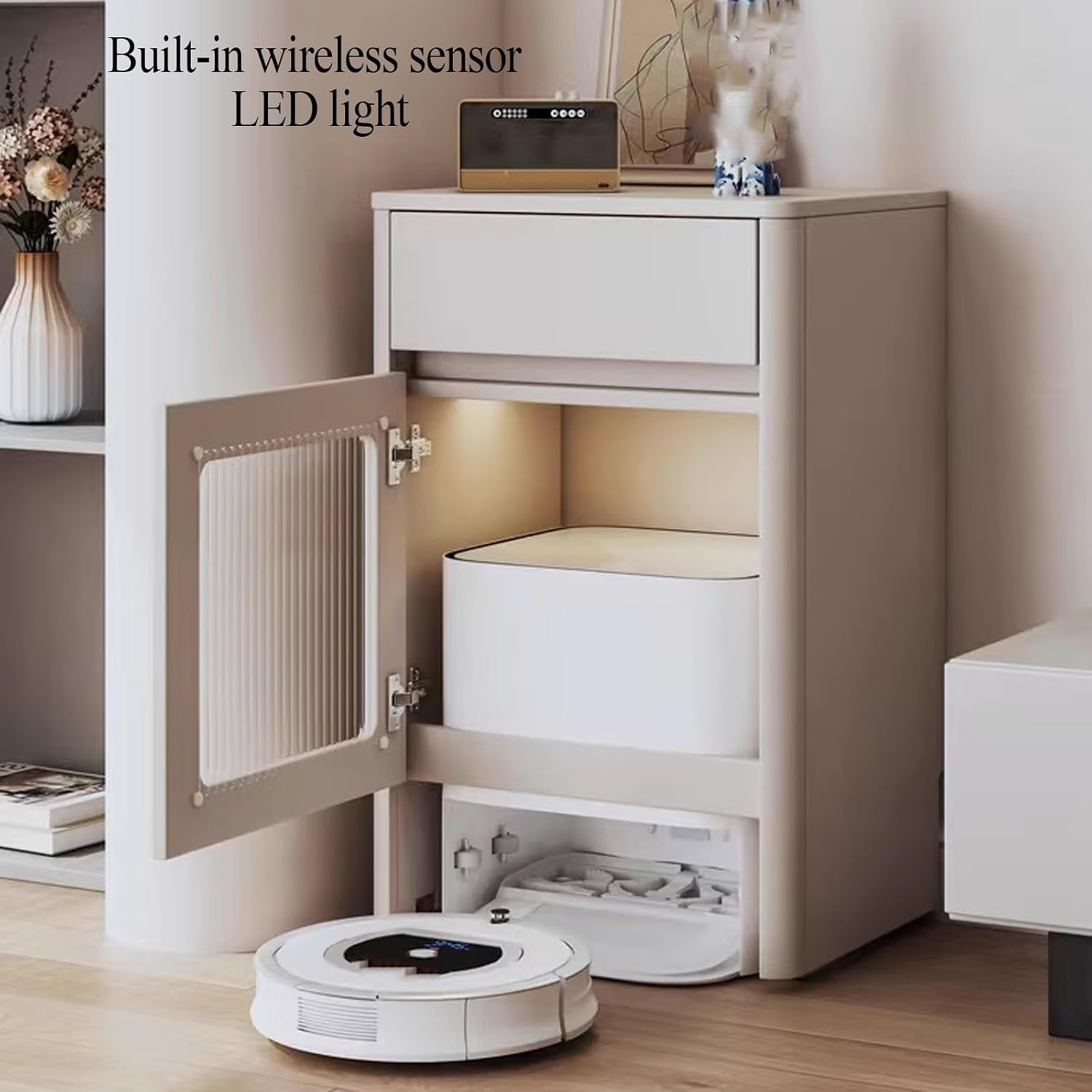 Wood Side Table with Drawer for Self Emptying Robot Vacuum Cleaner, Small Storage Cabinet with Wheels, Home Organizer 2-Door Freestanding Rack Space Saver(Brown)