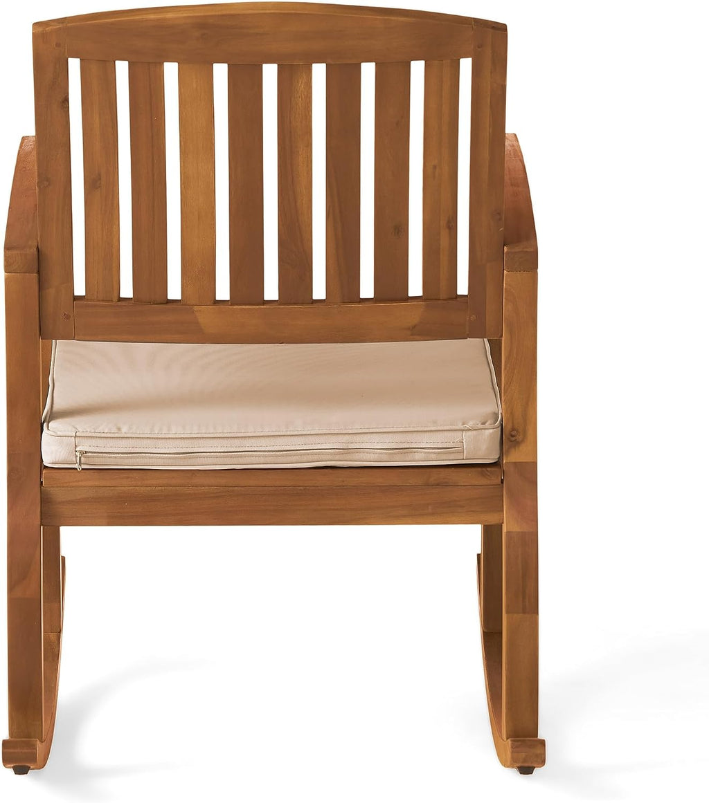 Acacia Wood Outdoor Rocking Chair with Cushions,Weather-Resistant Hardwood & Included Water-Resistant Cushions， Comfortable Slat Back Design for GardenLawn