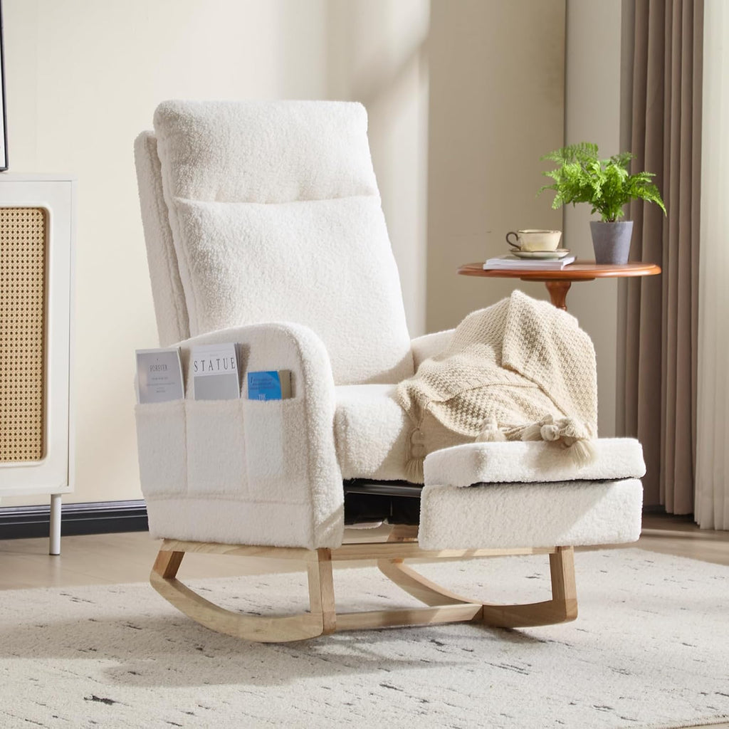 Rocking Chair Nursery with Foot Rest, Sherpa Nursing Rocking for Mom Nursery Rocker Chair with High Backrest, Armchair Rocker Glider with Side Pocket for Living Room, Bedroom, Teddy White