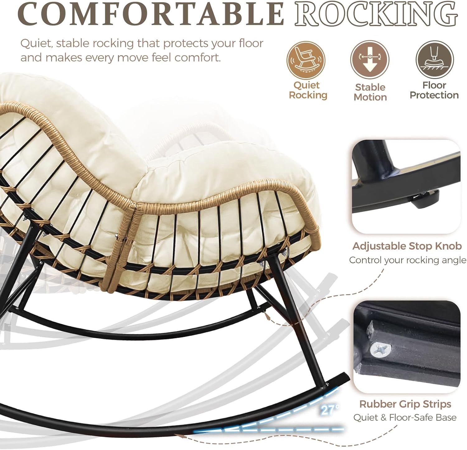 FINCATI 2 PCS Indoor Outdoor Oversized Rocking Chair, 450 lbs Large Comfy Papasan w/Cushion and Frame, Cozy Patio Wicker Egg Rocker, Reading Padded Glider for Balcony Porch Garden Living Room, Beige