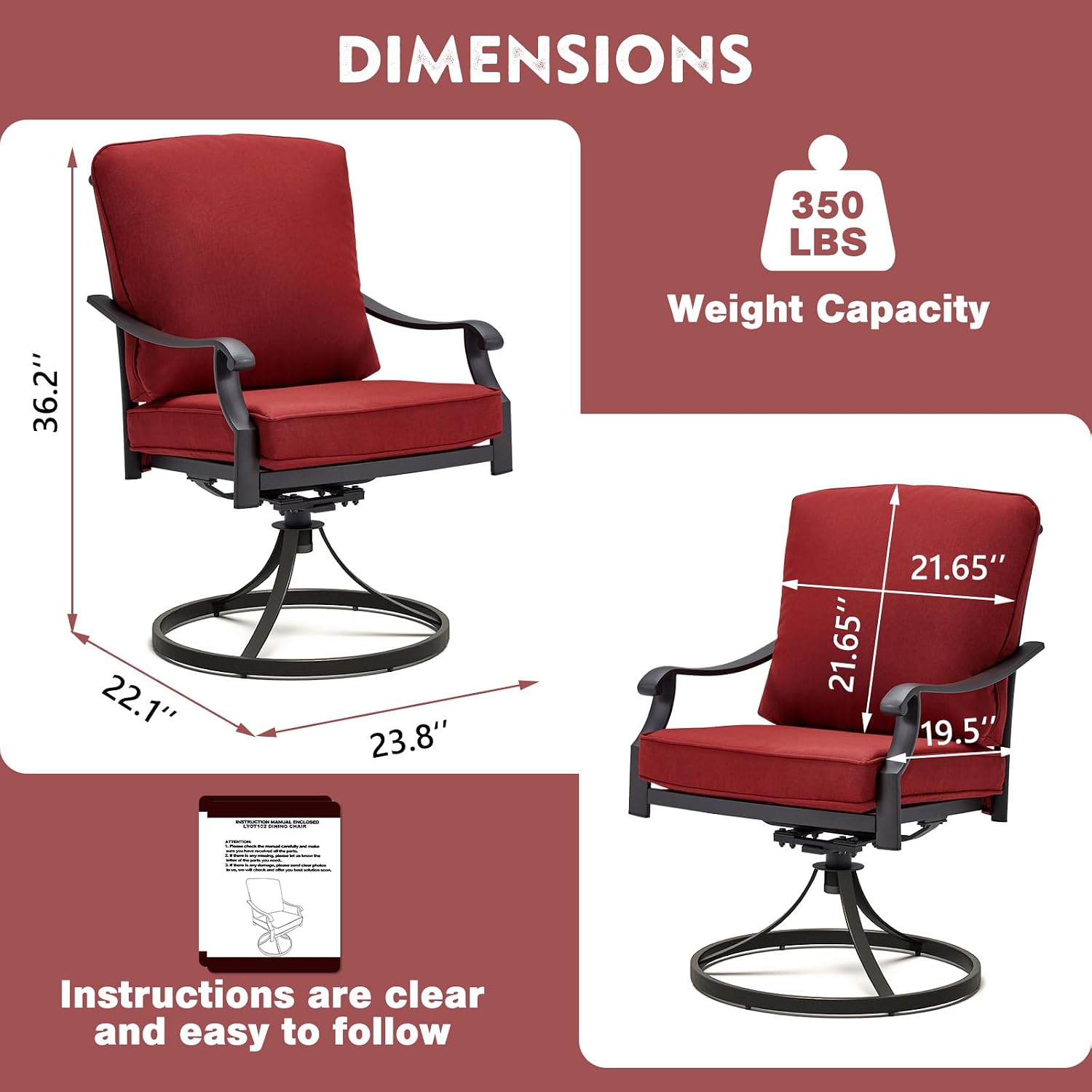 MELLCOM Patio Swivel Chair Set of 2, Heavy Duty Outdoor Dining Chairs with Thickened Cushions, Metal Patio Chairs Gentle Rocker for Outside, Garden Lawn & Porch, Backyard, Red