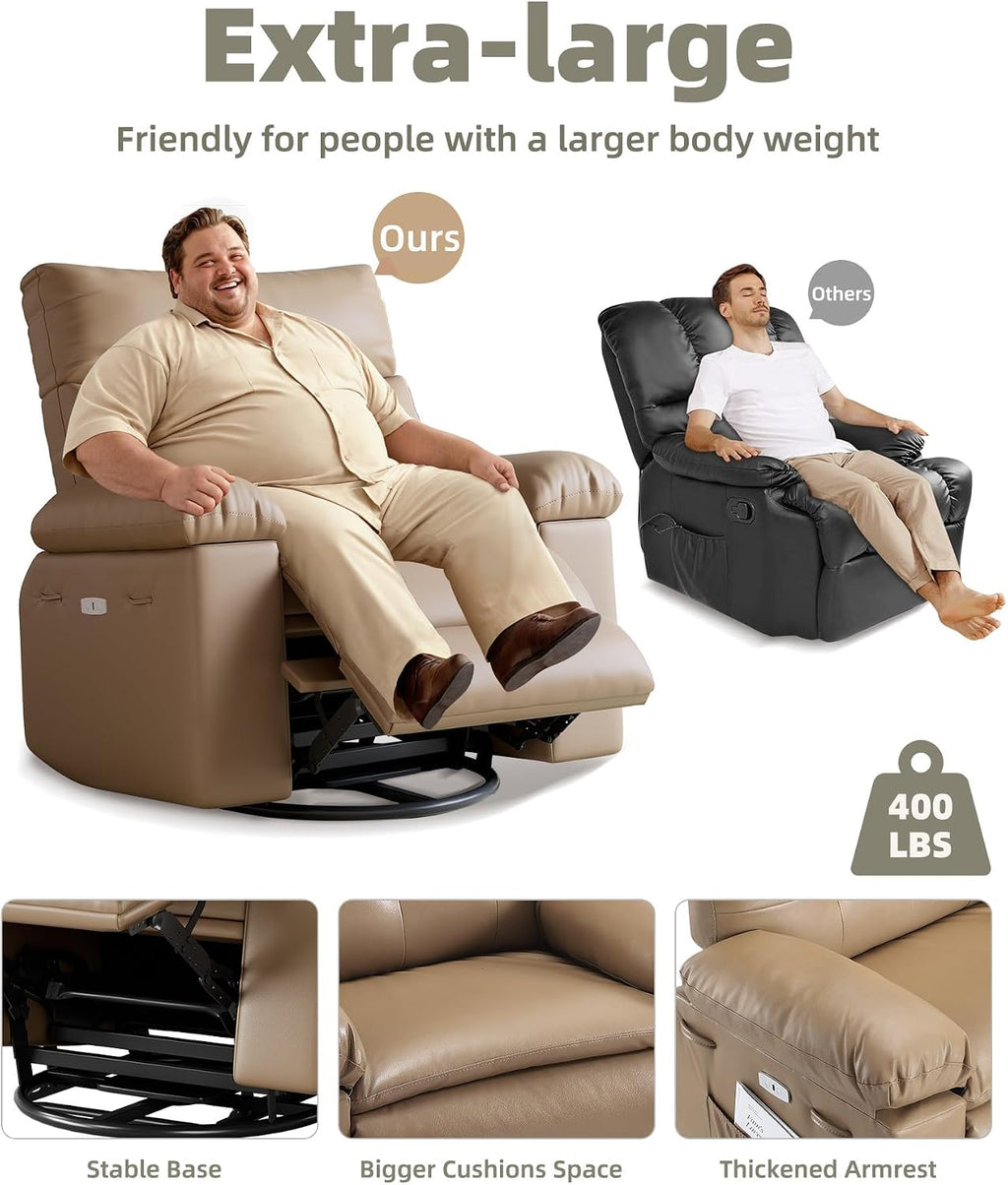 GarveeHome Oversized Power Rocker Swivel Recliner Chair - Heat and Massage, PU Leather Electric Glider Rocking Chair with USB Port, Glider Recliner Nursery Chair for Living Room, Bedroom, Nursery