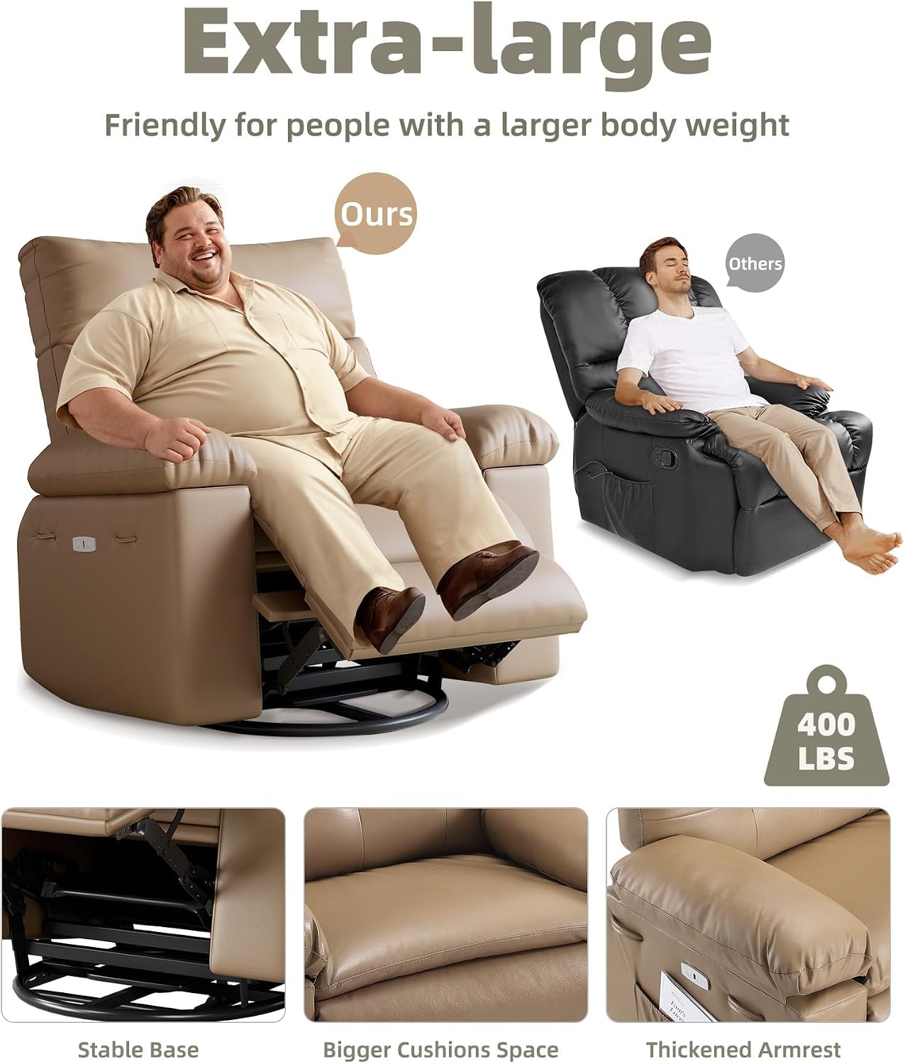 GarveeHome Oversized Power Rocker Swivel Recliner Chair - Heat and Massage, PU Leather Electric Glider Rocking Chair with USB Port, Glider Recliner Nursery Chair for Living Room, Bedroom, Nursery