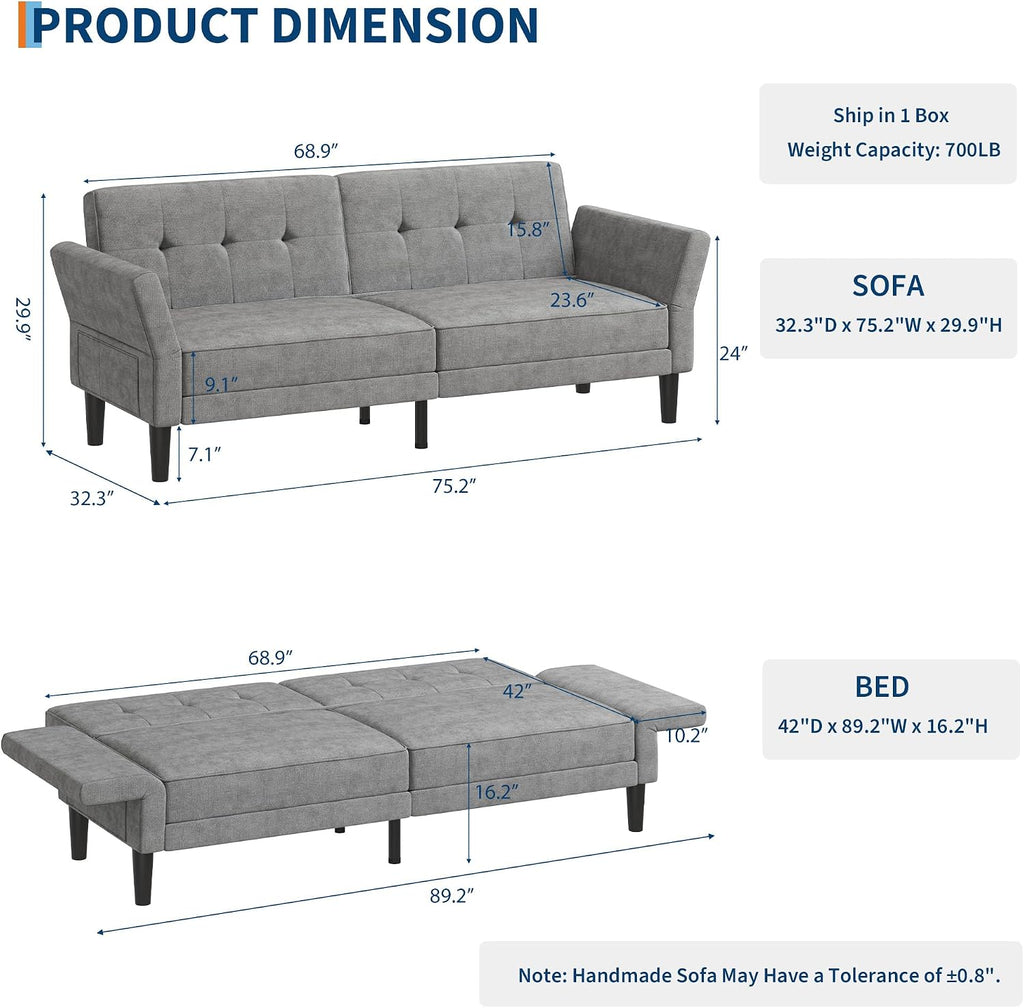 GarveeHome 89' Futon Sofa Bed, Convertible Sleeper Sofa with Adjustable Backrest & Armrest, Modern Futon Couch Bed, Loveseat Sleeper for Living Room Bedroom Apartments, Grey
