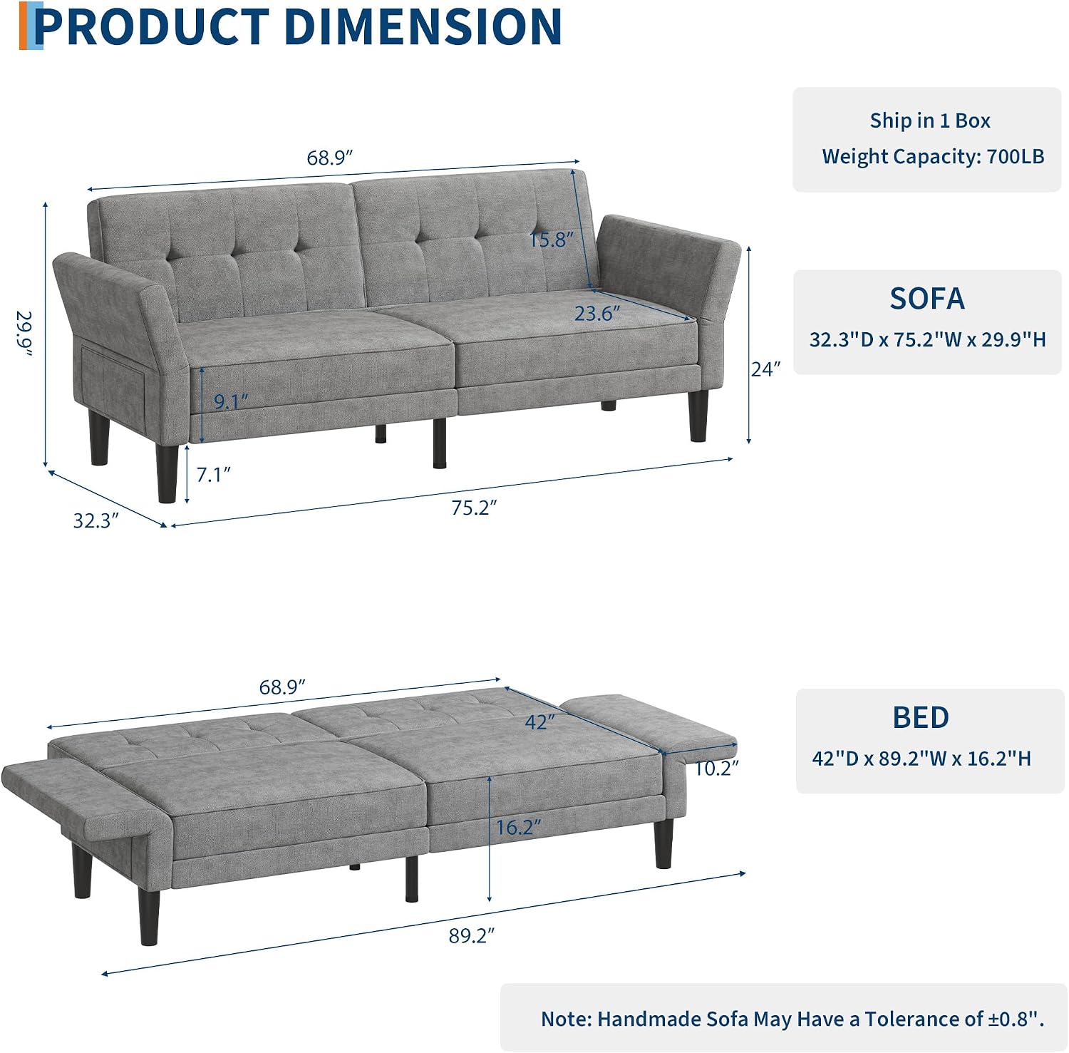 GarveeHome 89' Futon Sofa Bed, Convertible Sleeper Sofa with Adjustable Backrest & Armrest, Modern Futon Couch Bed, Loveseat Sleeper for Living Room Bedroom Apartments, Grey