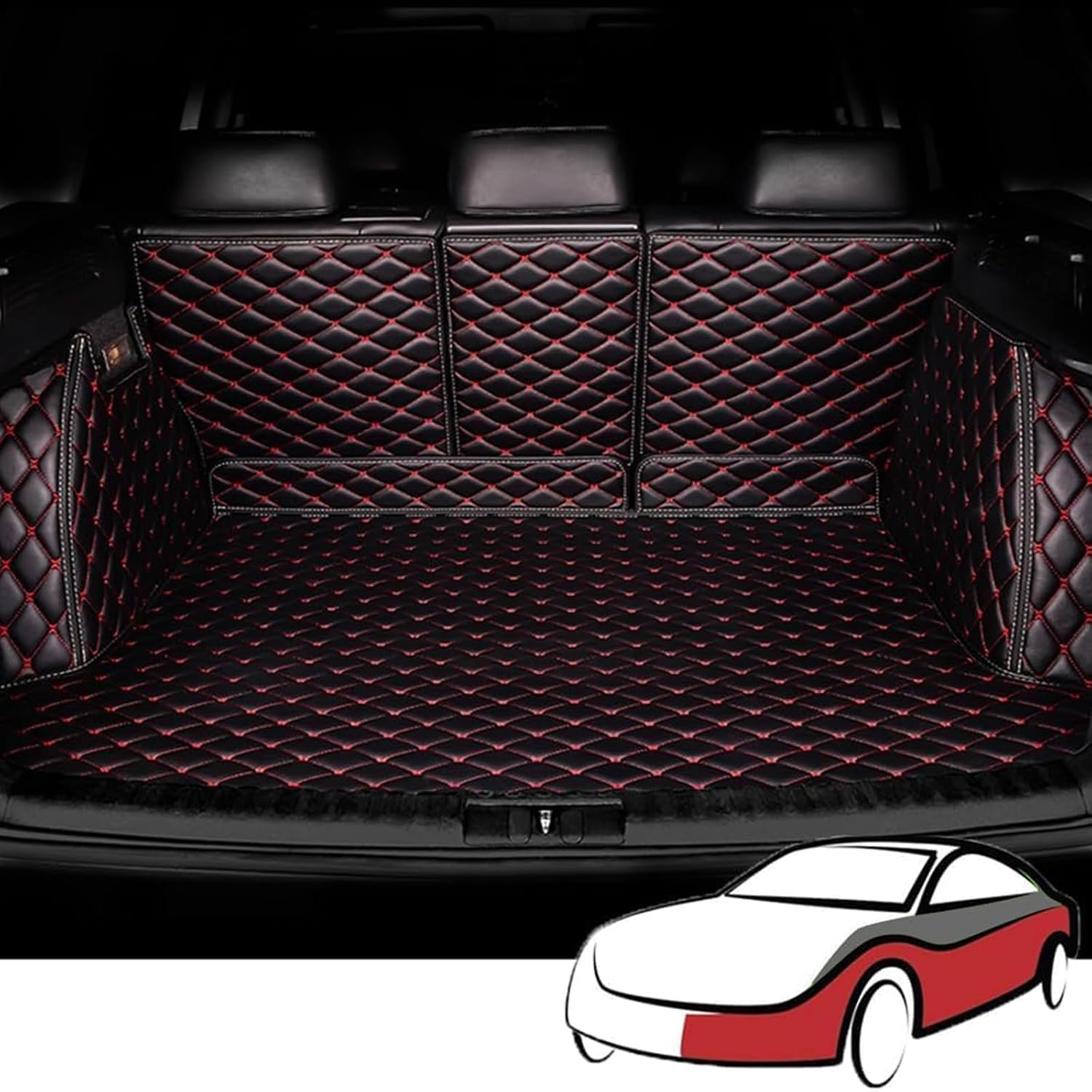 Car Boot Liners Mats Leather for Porsche Cayenne E-Hybrid 2018-2025, Full Coverage Rear Trunk Cargo Carpets Protector Cover, Waterproof Anti-Slip Scratch Accessories, B/Black Red