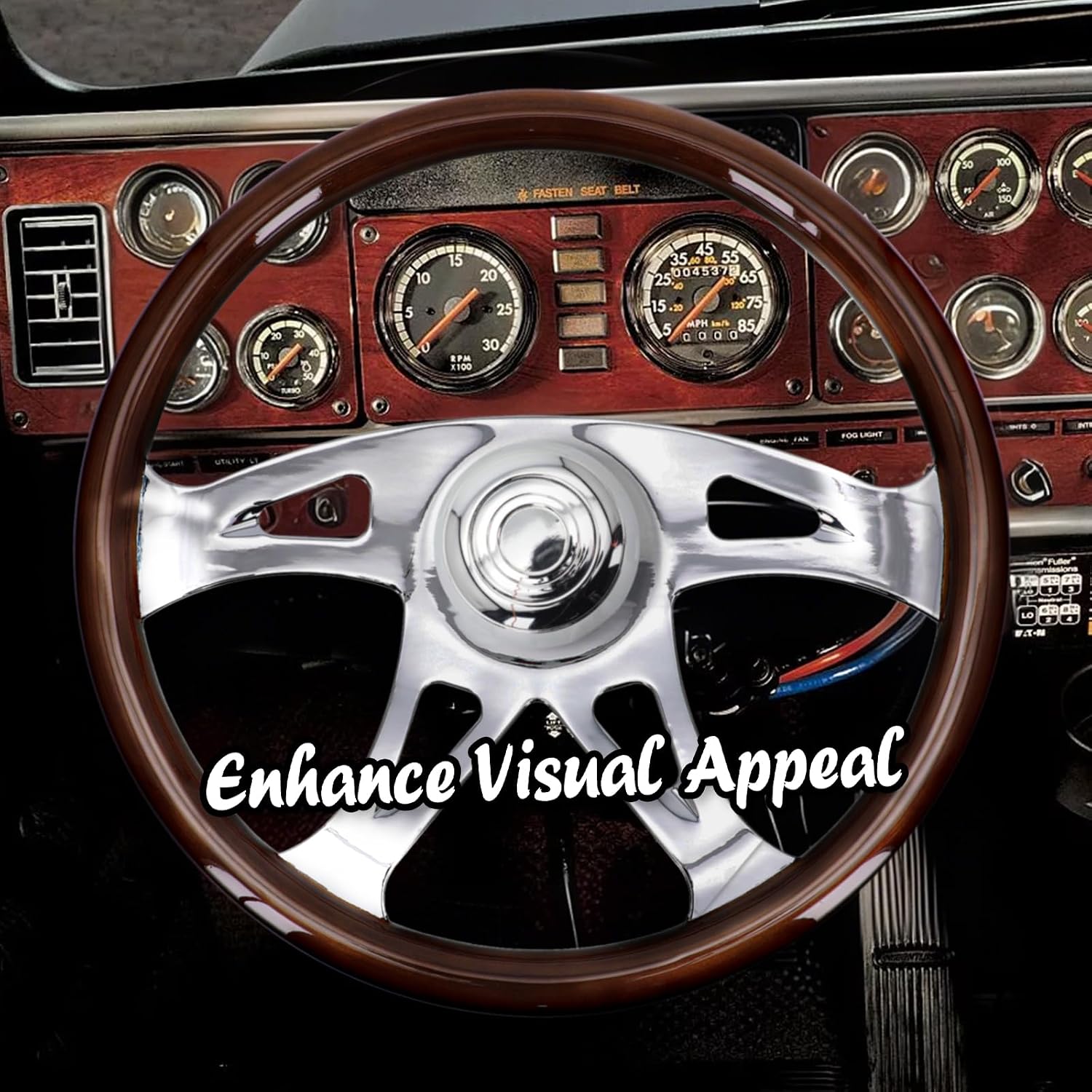 Sorghum 18' Solid Wood Steering Wheel - 4 Spokes Aluminum Chrome Classic Steering Wheel with Horn Button for Trucks Compatible with Mack Kenworth Peterbilt Volvo Freightliner-Triangle Hollow Style