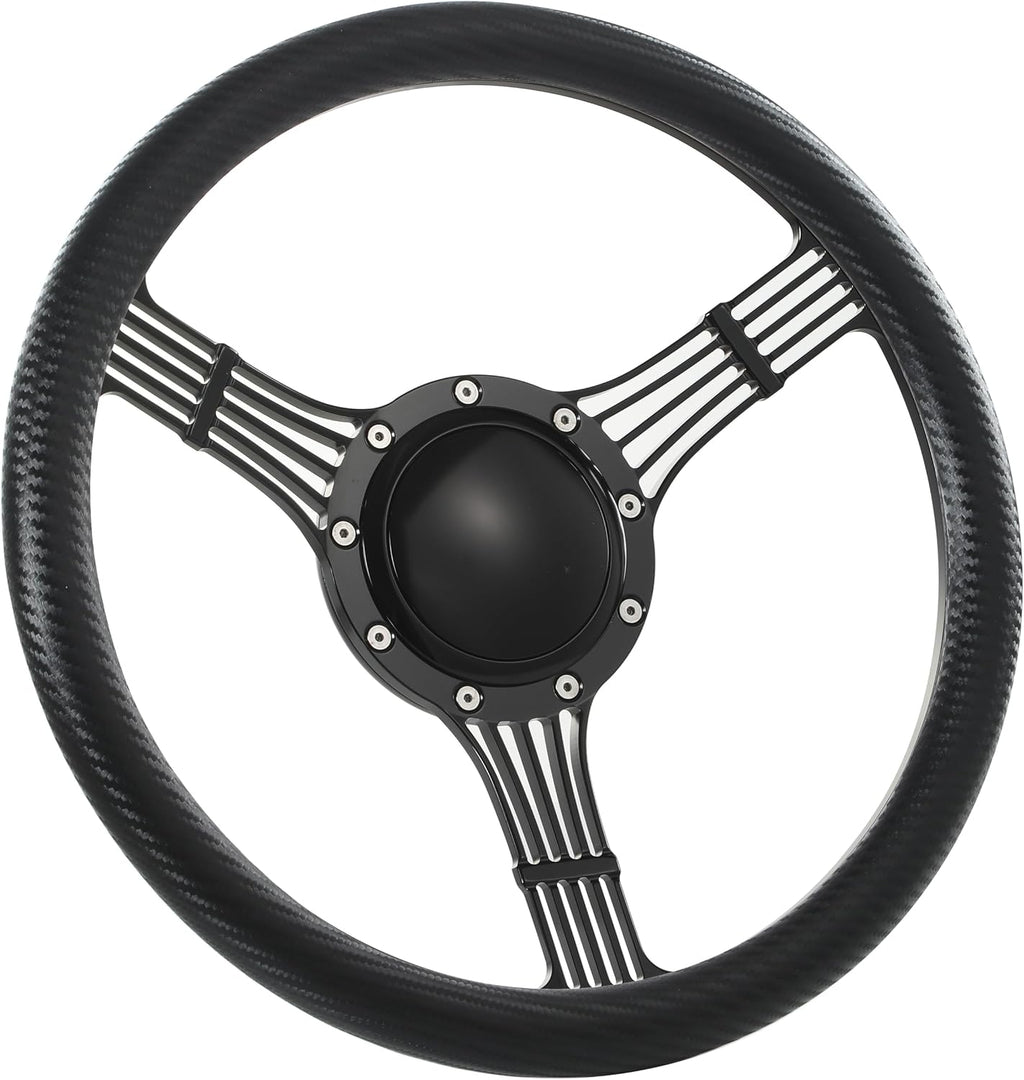 14'' Billet Banjo Half Wrap Steering Wheel with 9 Bolts 2'' Dish and Horn Button (Carbon Vinyl)