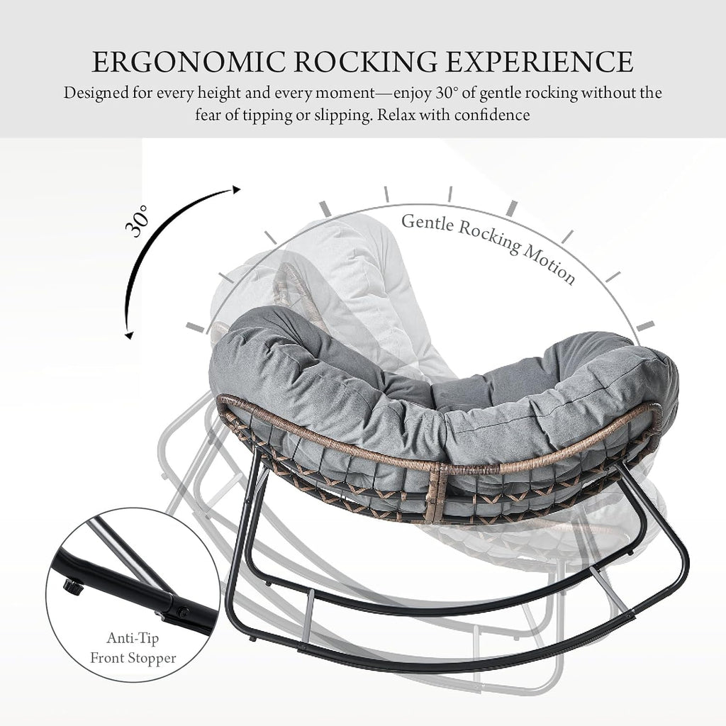 Outdoor Rocking Chair, Oversized Papasan Wicker Lounge Chair with Cushion, Relaxing Patio Rocker, Indoor Reading Egg Chair for Porch, Patio, Bedroom, Garden (Dark Grey)