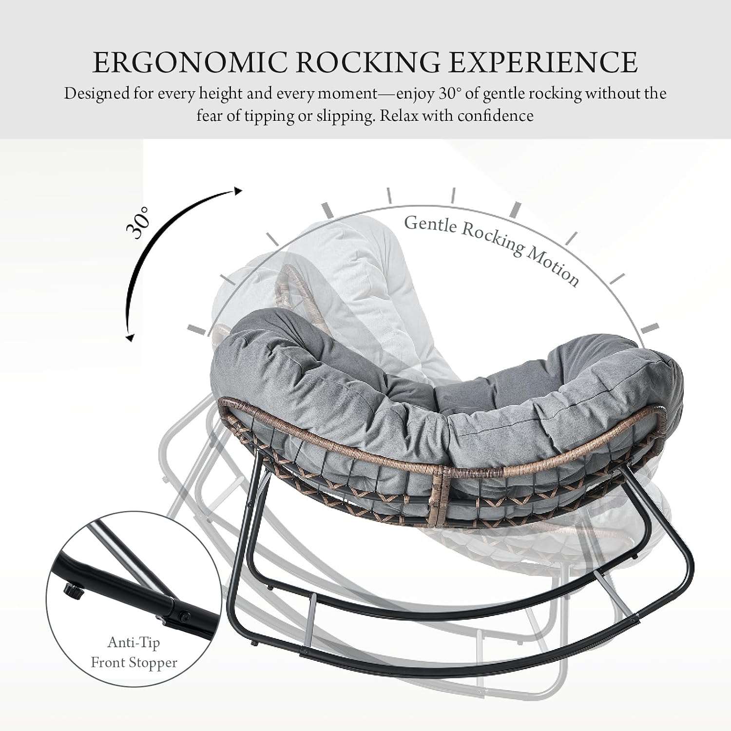 Outdoor Rocking Chair, Oversized Papasan Wicker Lounge Chair with Cushion, Relaxing Patio Rocker, Indoor Reading Egg Chair for Porch, Patio, Bedroom, Garden (Dark Grey)