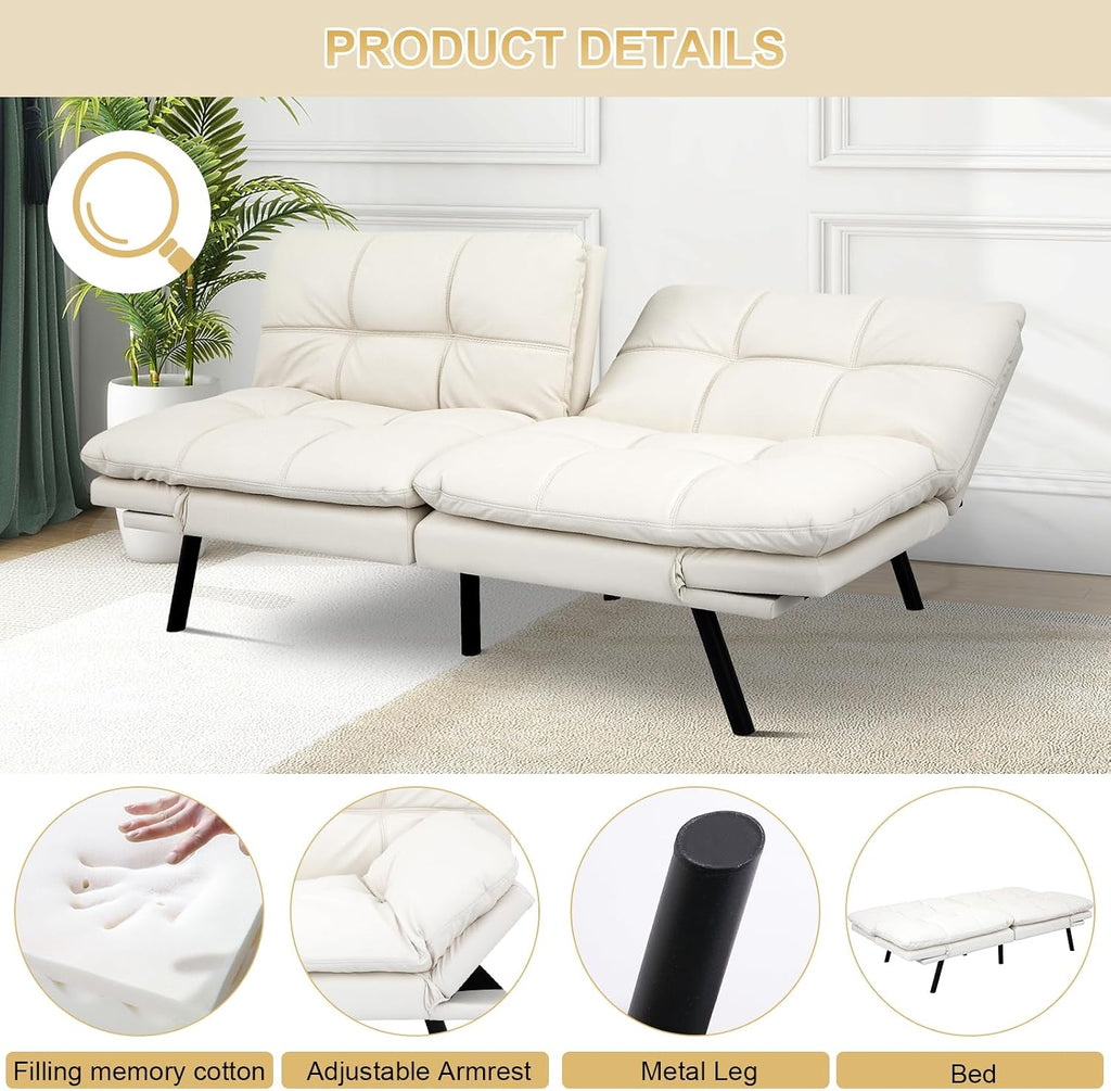MUUEGM Futon Convertible Sofa Bed, Memory Foam Sleeper Couch,Modern Loveseat for Living Room,Adjustable Armrests Backrest Sofabed, White,Faux Leather.