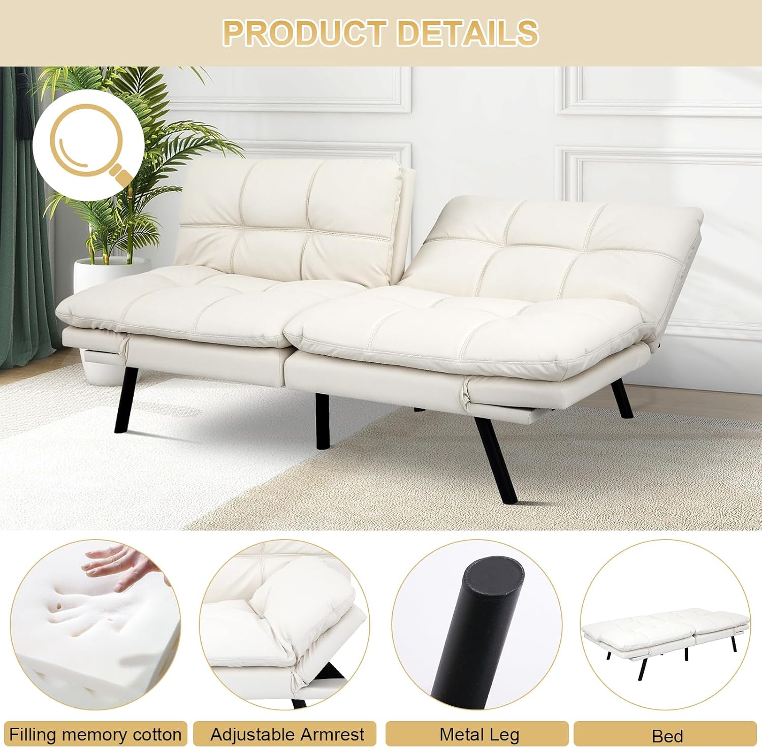 MUUEGM Futon Convertible Sofa Bed, Memory Foam Sleeper Couch,Modern Loveseat for Living Room,Adjustable Armrests Backrest Sofabed, White,Faux Leather.