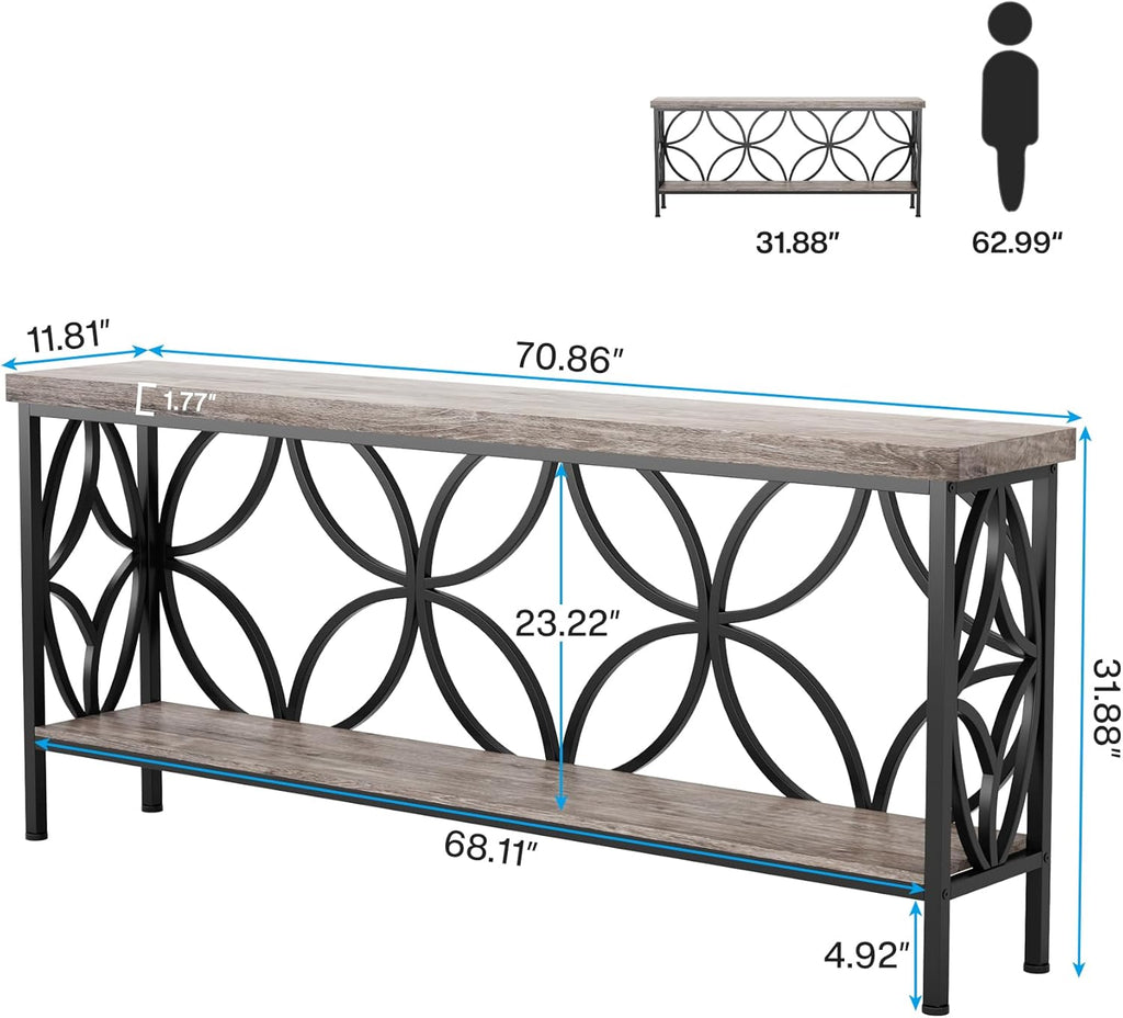 LITTLE TREE Sofa Table, 70.9 Inch Industrial Behind Couch Table with Storage Shelves, Narrow Long Console Table for Entryway, Living Room, Foyer, Hallway, Office