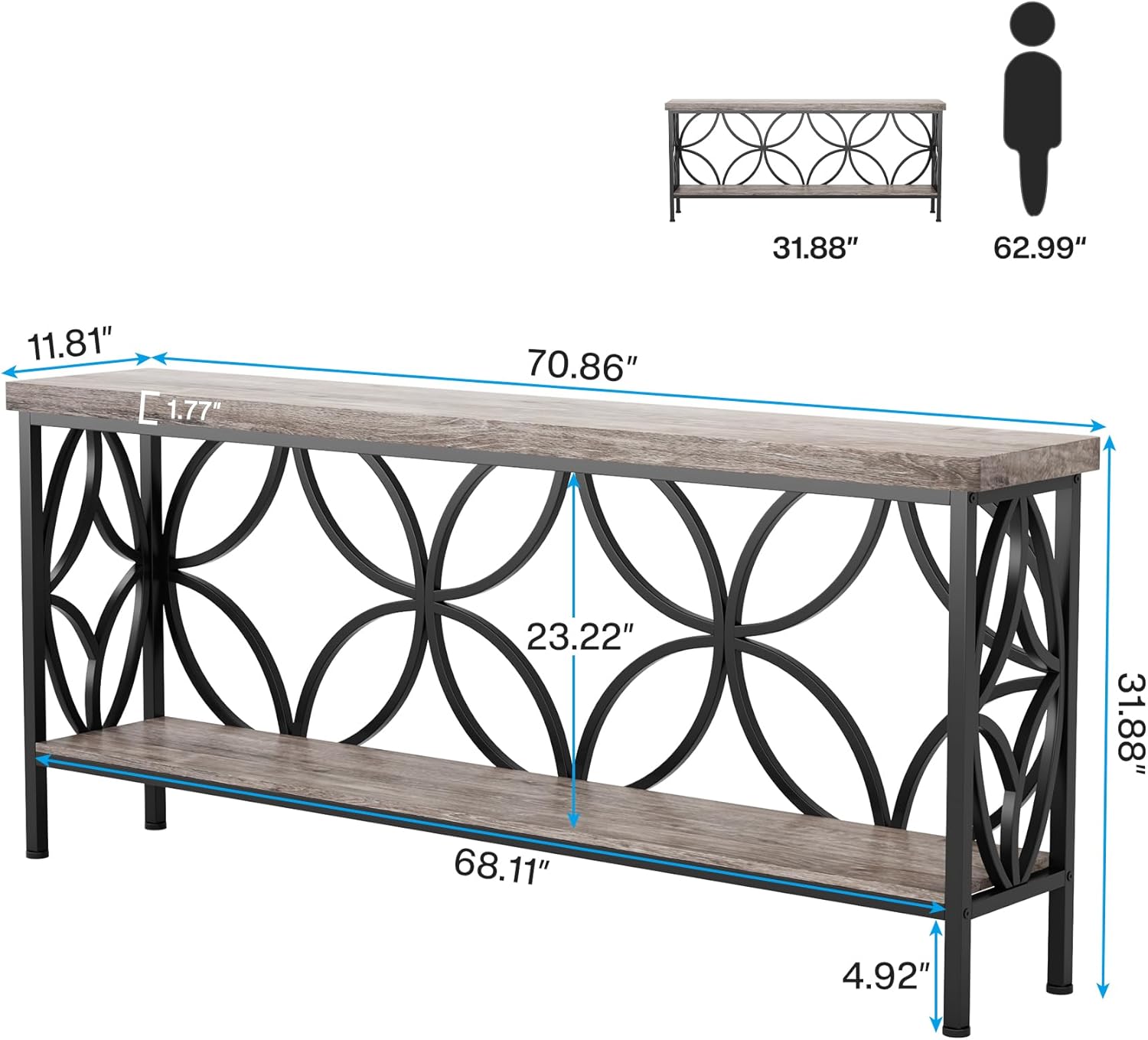 LITTLE TREE Sofa Table, 70.9 Inch Industrial Behind Couch Table with Storage Shelves, Narrow Long Console Table for Entryway, Living Room, Foyer, Hallway, Office