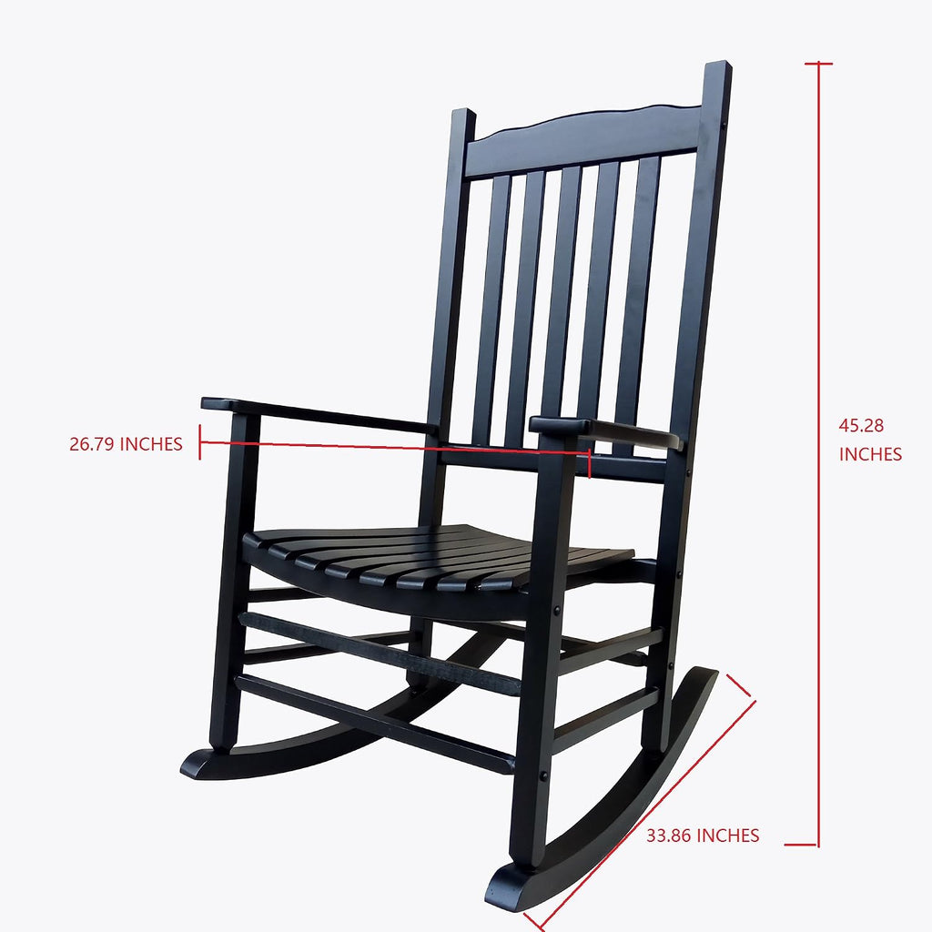 A001BK Black Wood Porch Rocker/Outdoor Rocking Chair - Easy to Assemble - Comfortable Size - Outdoor or Indoor Use