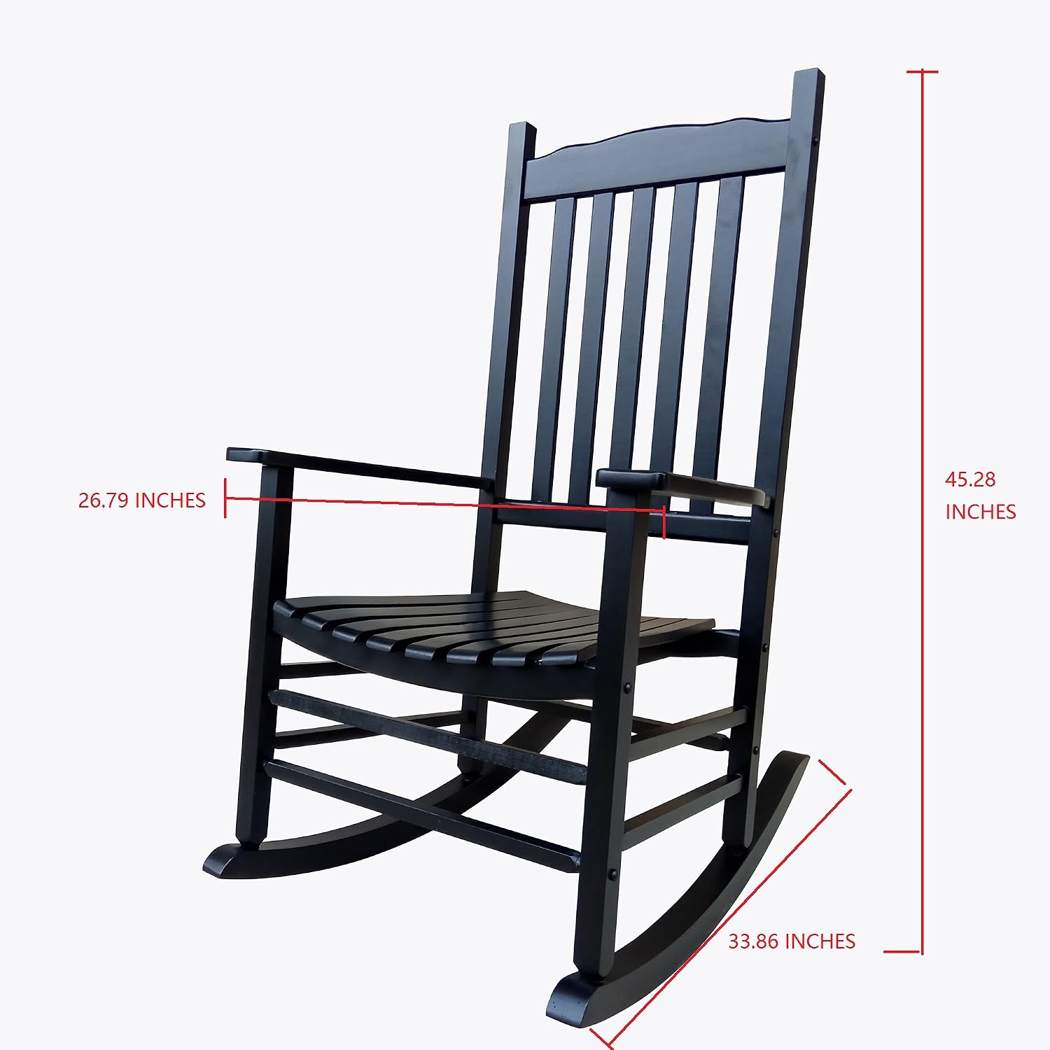 A001BK Black Wood Porch Rocker/Outdoor Rocking Chair - Easy to Assemble - Comfortable Size - Outdoor or Indoor Use