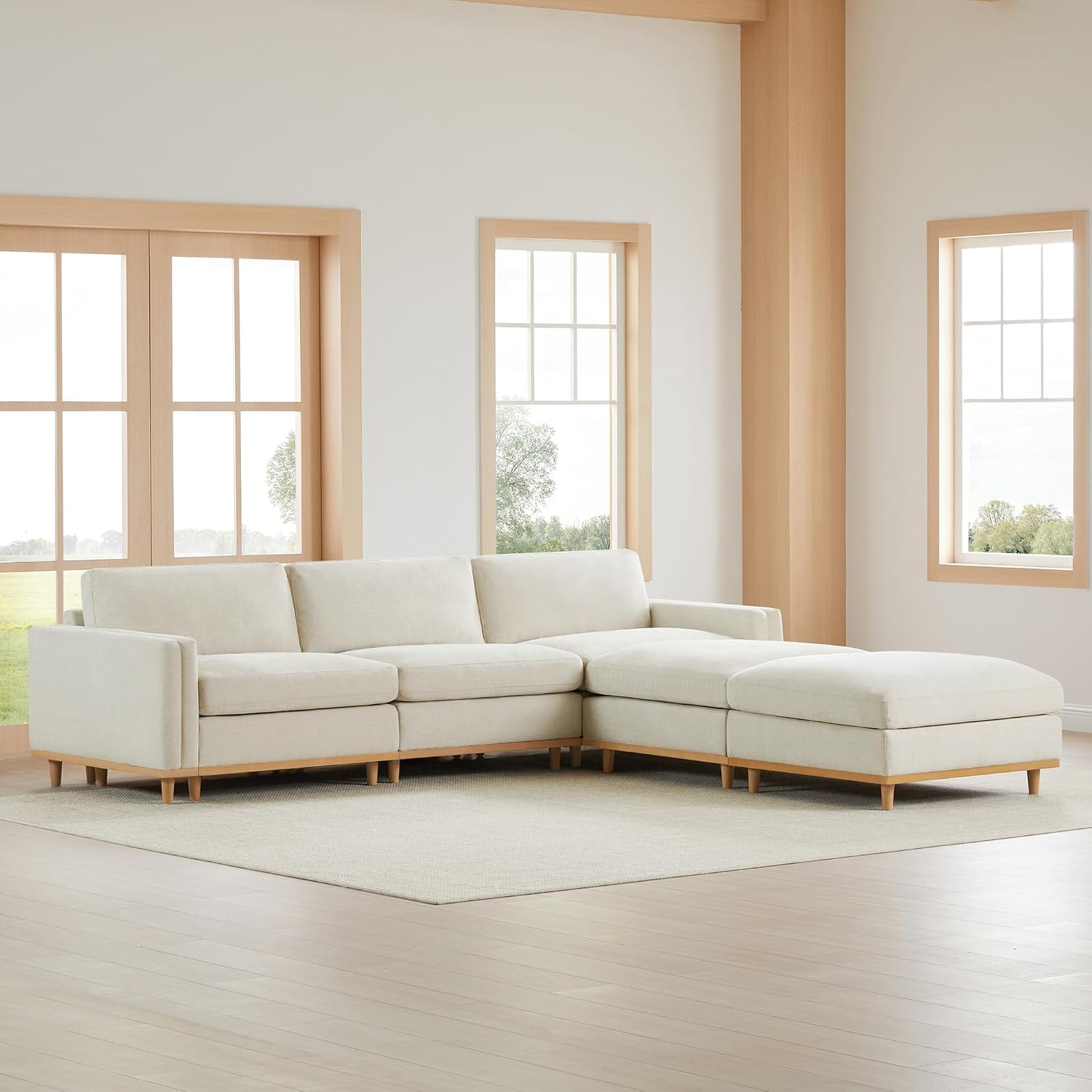 CHITA Super Large Luxury L Shape Convertible Sectional Modular Sofa, Down Filled Modern Sofa, Deep Seat Cloud Couch, 118 inch Width, 5 Seat Couch with Chaise, 2 Ottomans, Solid Wood Leg, Linen