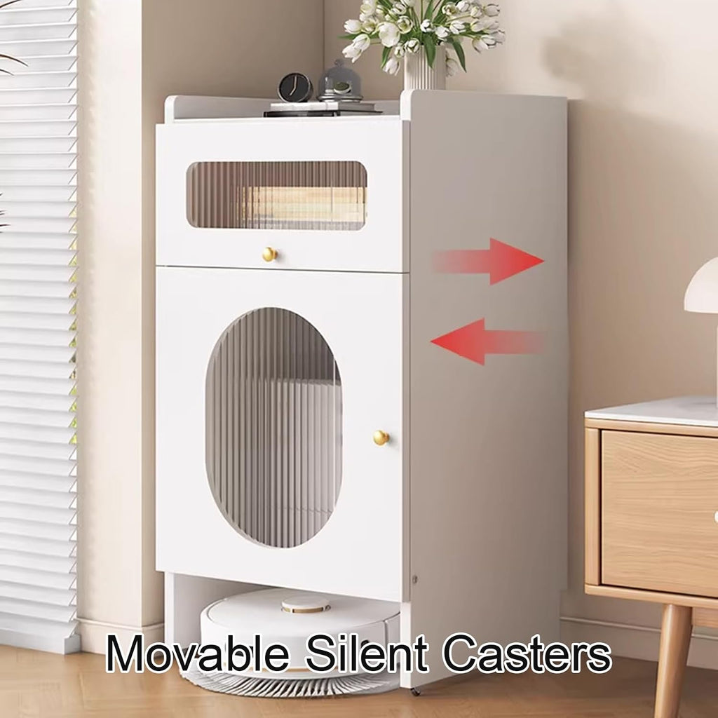 Mobile Storage Cabinet for Self-Emptying Robot Vacuum and Mop Open Back Panel Hidden Robot Vacuum Stand Side Table for Living Room Home Office Corner(Champagne,50 * 40 * 93cm)