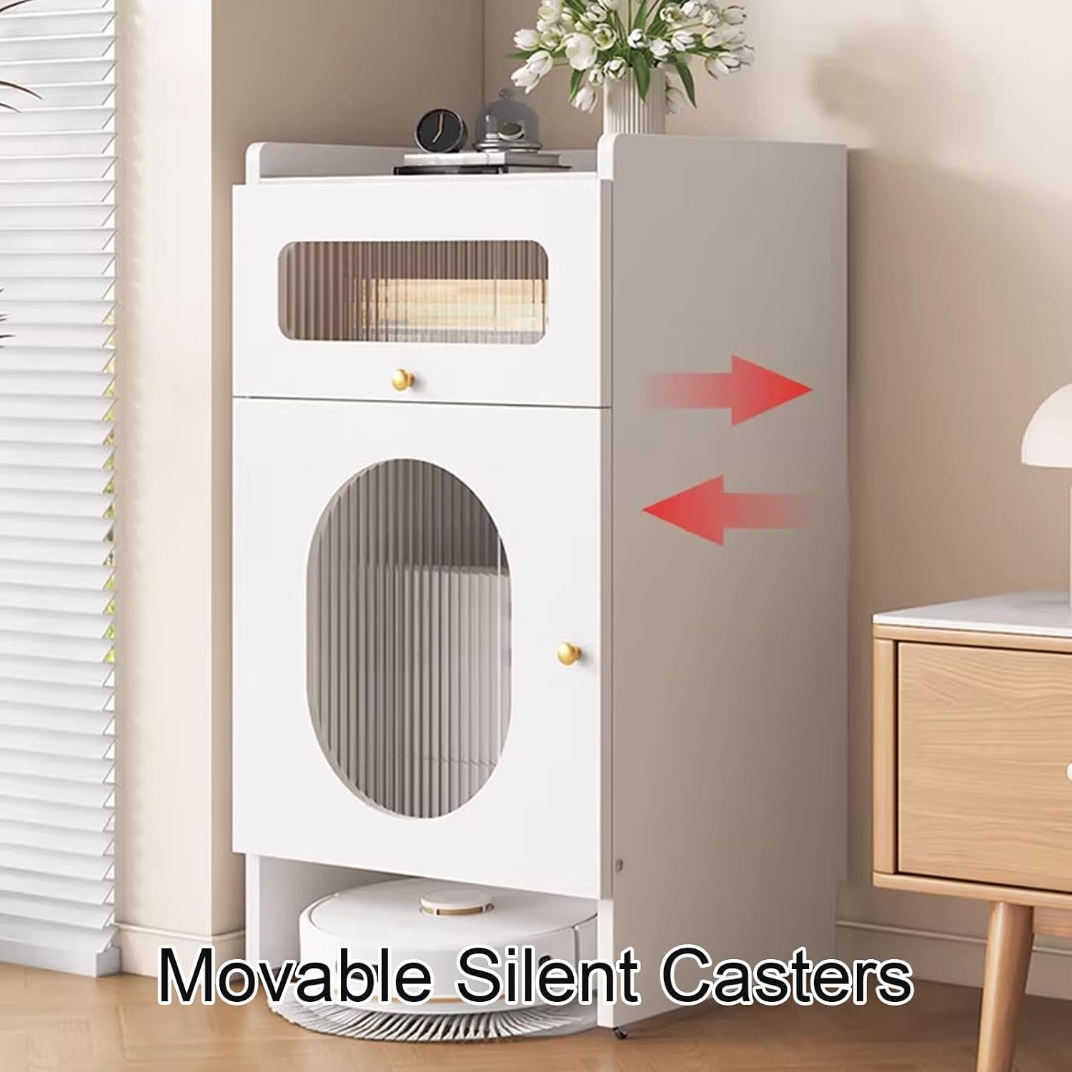 Mobile Storage Cabinet for Self-Emptying Robot Vacuum and Mop Open Back Panel Hidden Robot Vacuum Stand Side Table for Living Room Home Office Corner(Champagne,50 * 40 * 93cm)