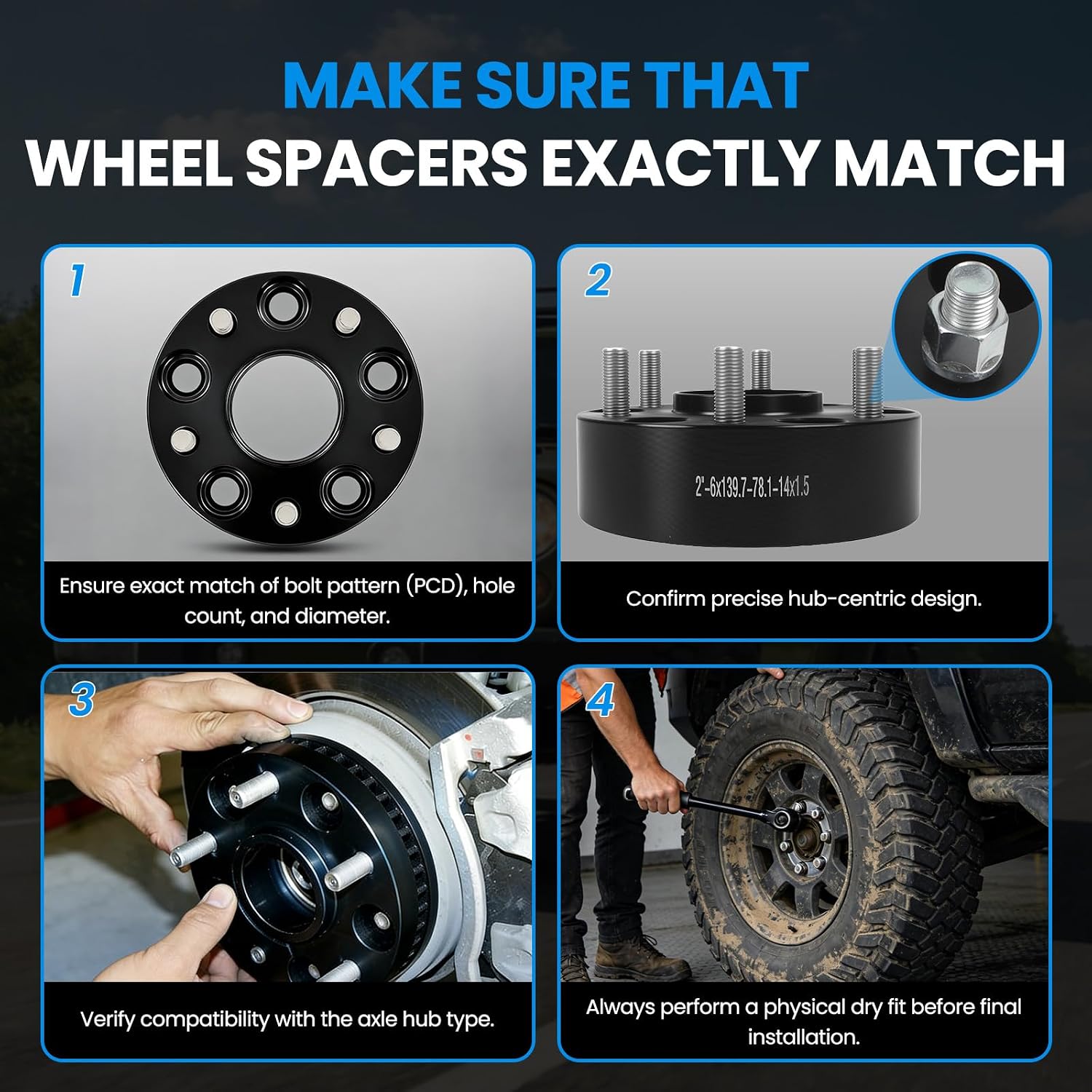 6x5.5 Wheel Spacers Hubcentric Real Forged Spacers Center Bore 78.1mm M14x1.5 Studs for Silverado 1500, 2'(50.8mm) Sierra 1500 Tahoe Yukon Escalade Suburban Yukon XL for 6 lug Set of 4 Black