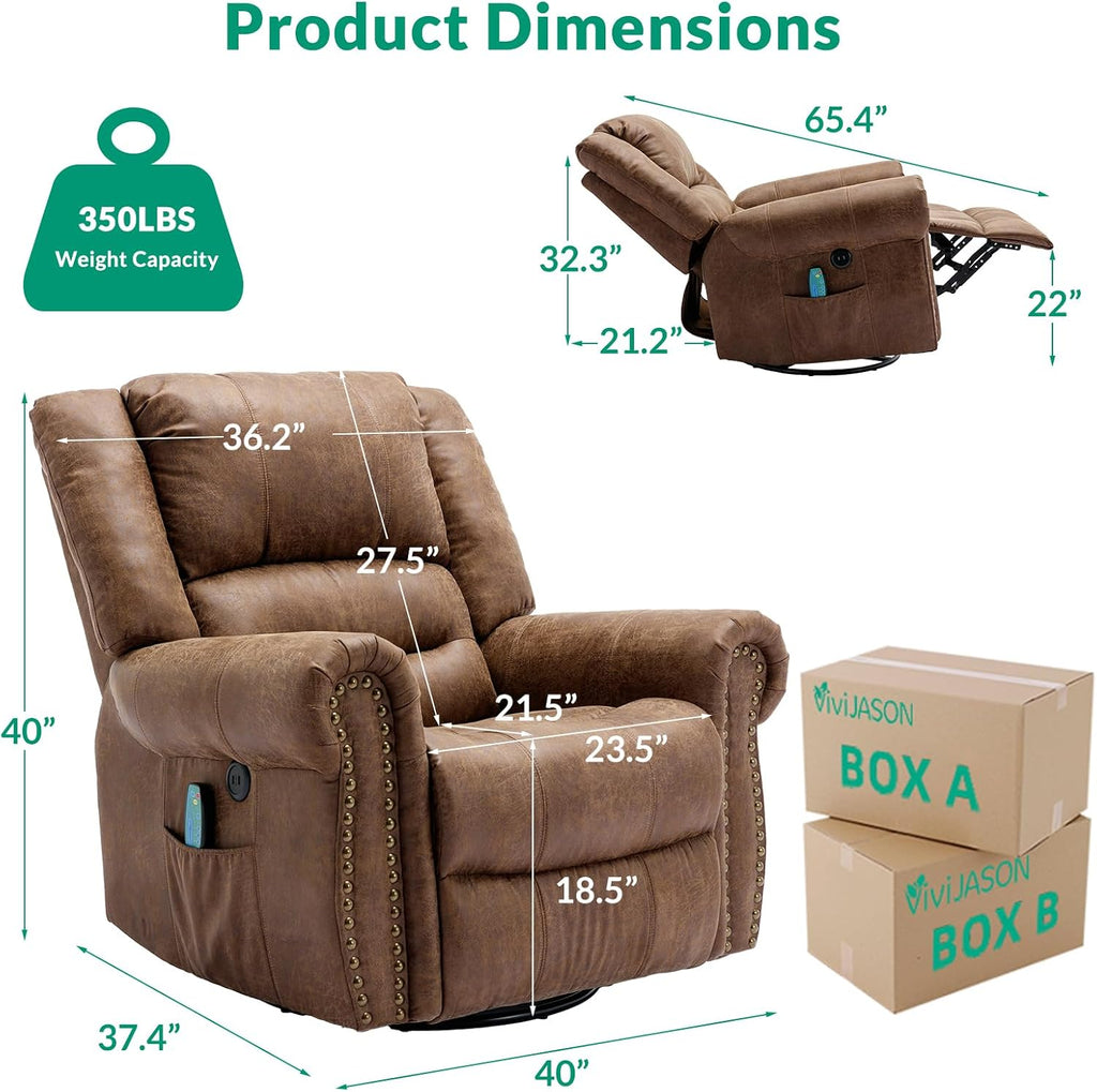 VIVIJASON Massage Swivel Rocker Recliner Chair with Heat & Vibration, 360° Swivel Manual Glider Rocking Reclining Chair with Remote Control, Side Pockets & USB Ports for Living Room, Nut Brown