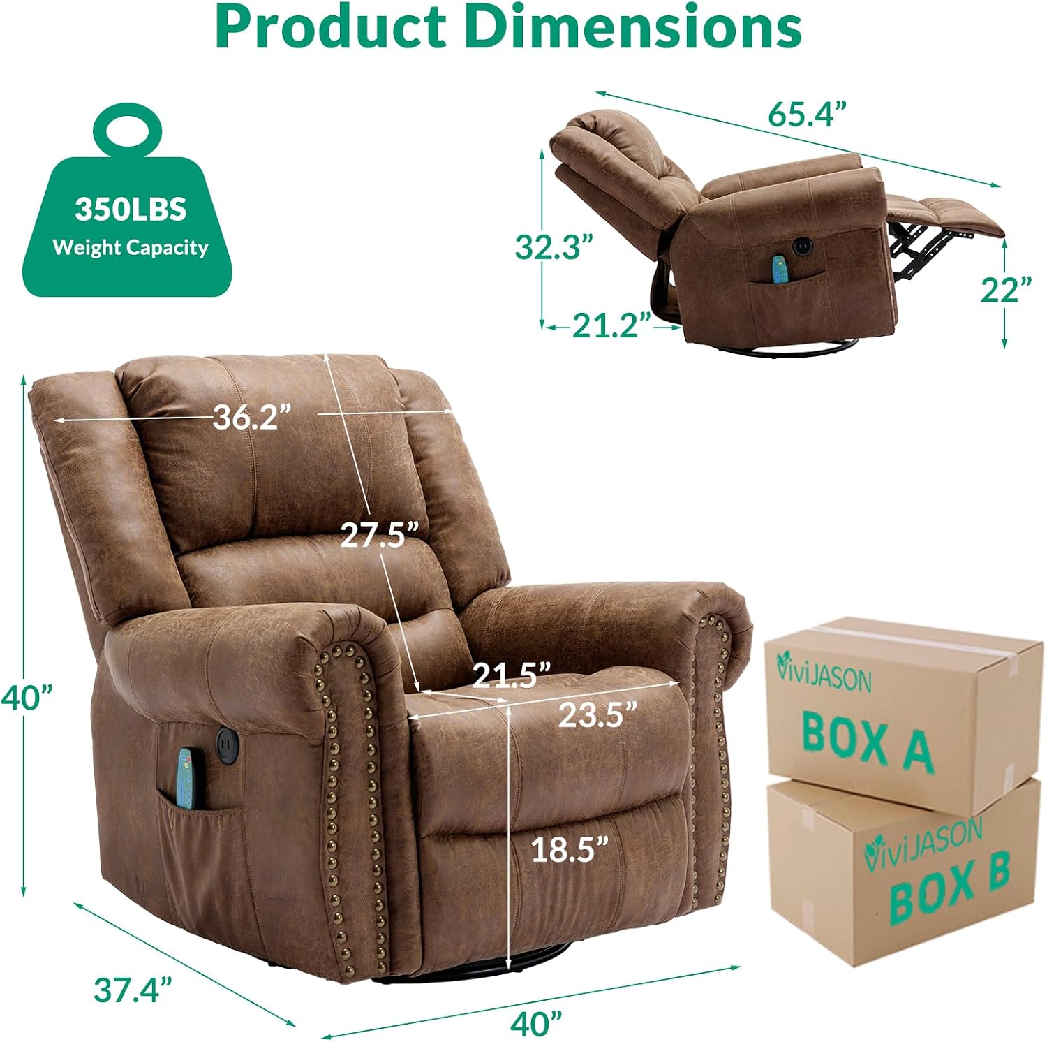 VIVIJASON Massage Swivel Rocker Recliner Chair with Heat & Vibration, 360° Swivel Manual Glider Rocking Reclining Chair with Remote Control, Side Pockets & USB Ports for Living Room, Nut Brown