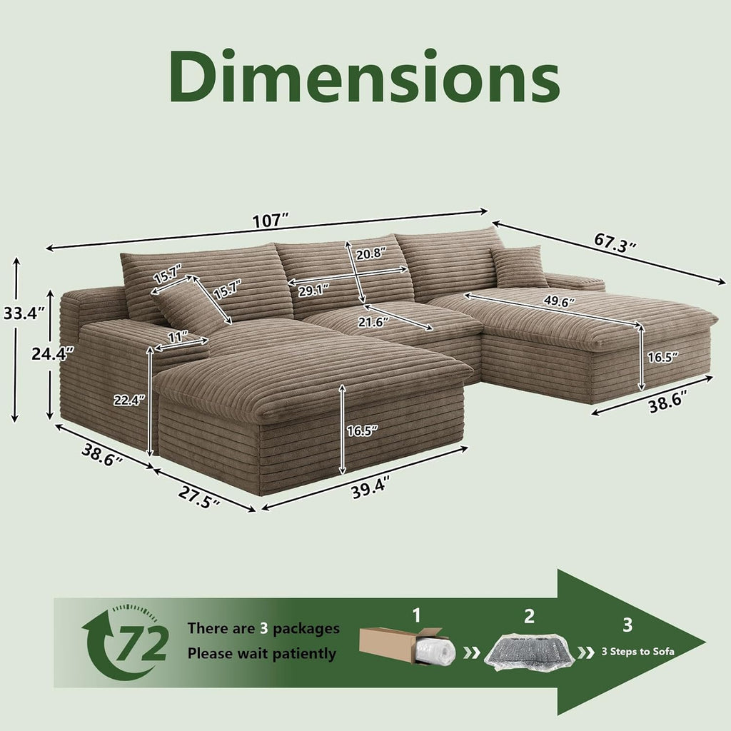 107' Cloud Couch Modular Sectional Sofa for Living Room, U-Shape Boneless Couch with Deep Seat, Modern Corduroy 3-Seater with Ottoman, No Assembly Required (Camel,Right-Facing Chaise)